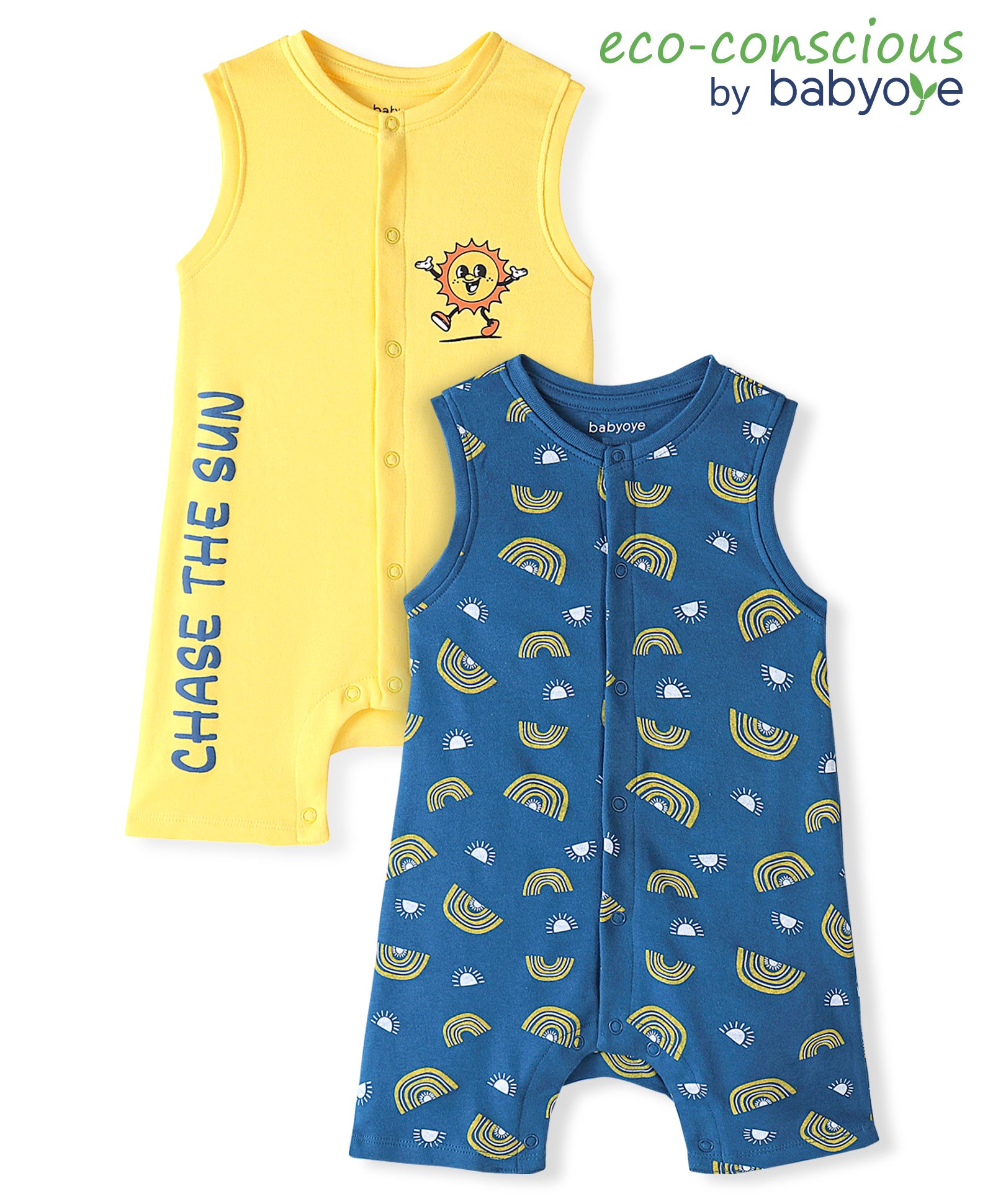 Babyoye 100% Oragnic Cotton Knit with Eco Jiva Finish Sleeveless Rompers Text Print Pack of 2 - Multicolor-picture-33