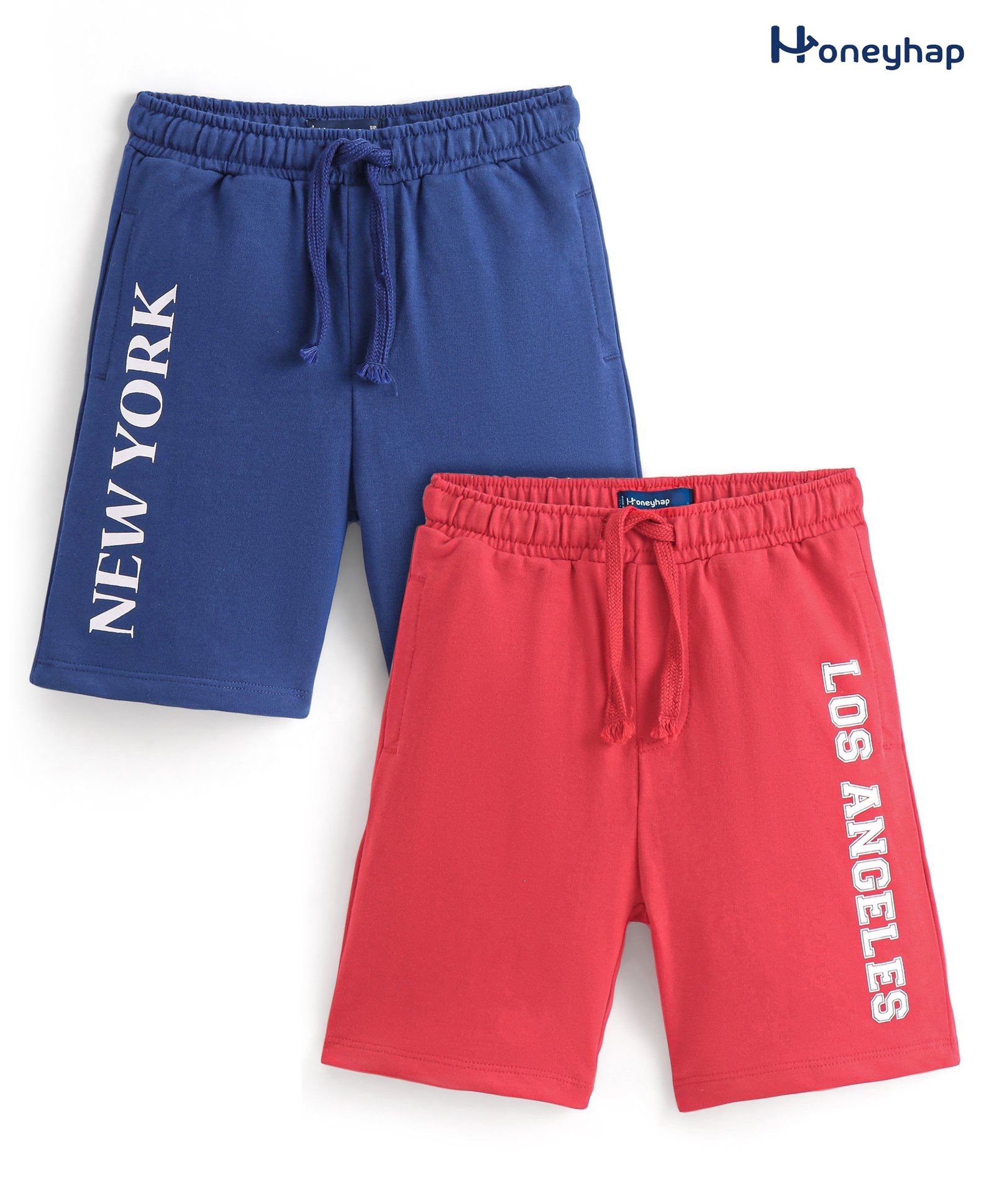 Honeyhap Premium 100% Cotton Looper Knee Length Text Printed Bermuda with Bio Finish - Blue & Red-picture-15