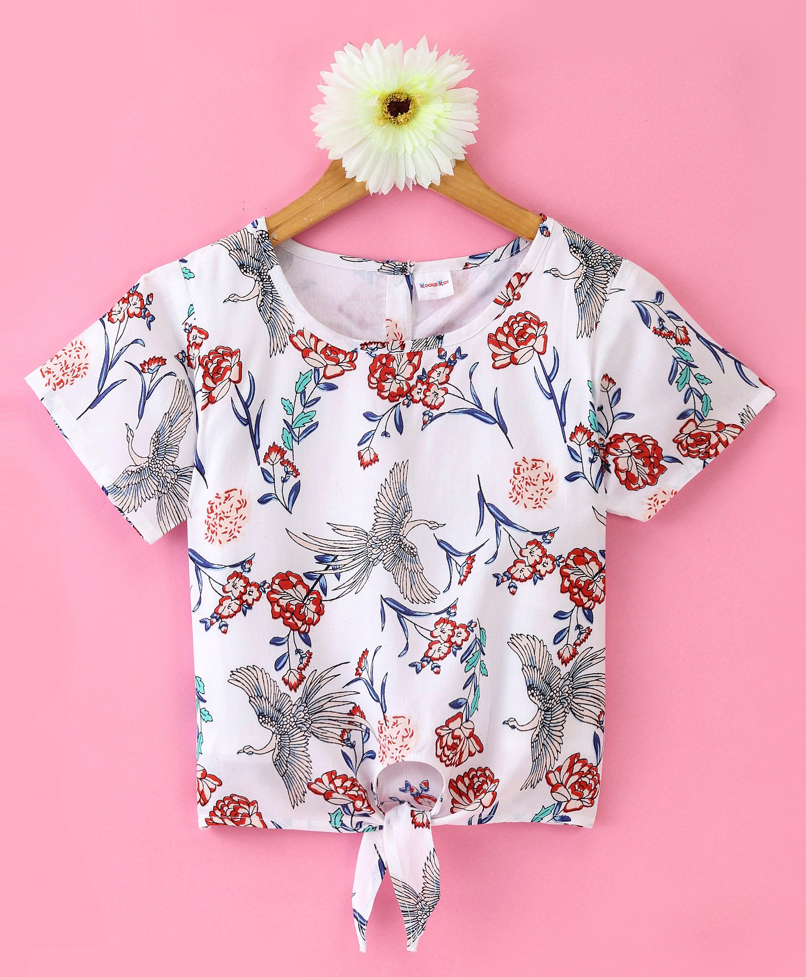 Kookie Kids Half Sleeves  Floral Printed Top with Knot Detailing - White-picture-31