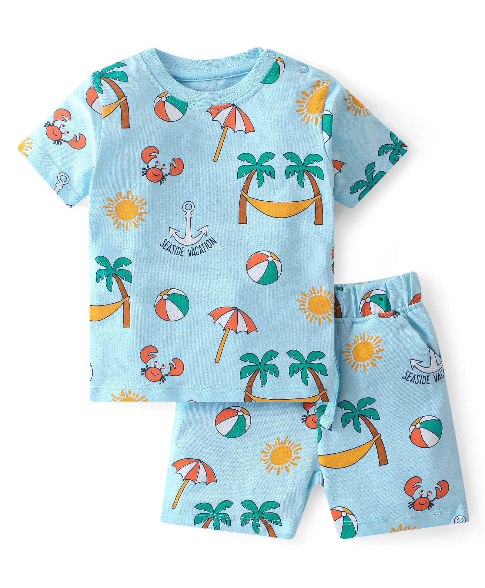 Babyhug Single Jersey Cotton Knit Half Sleeves Beach Print Night Suit - Blue-picture-23