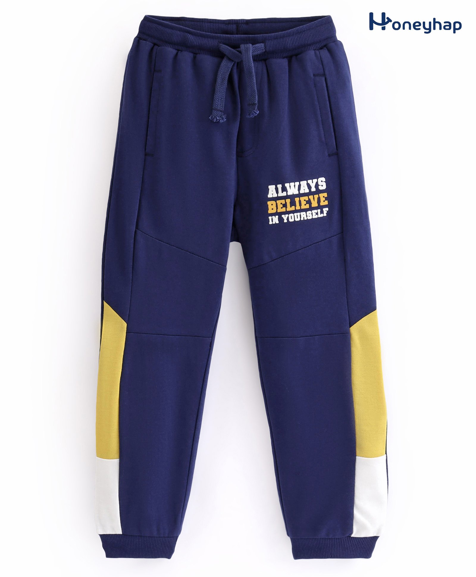Honeyhap Premium 100% Cotton Looper Full Length Text Printed Lounge Pant with Bio Finish - Navy Peony Old Gold Yellow & Bright White-picture-11