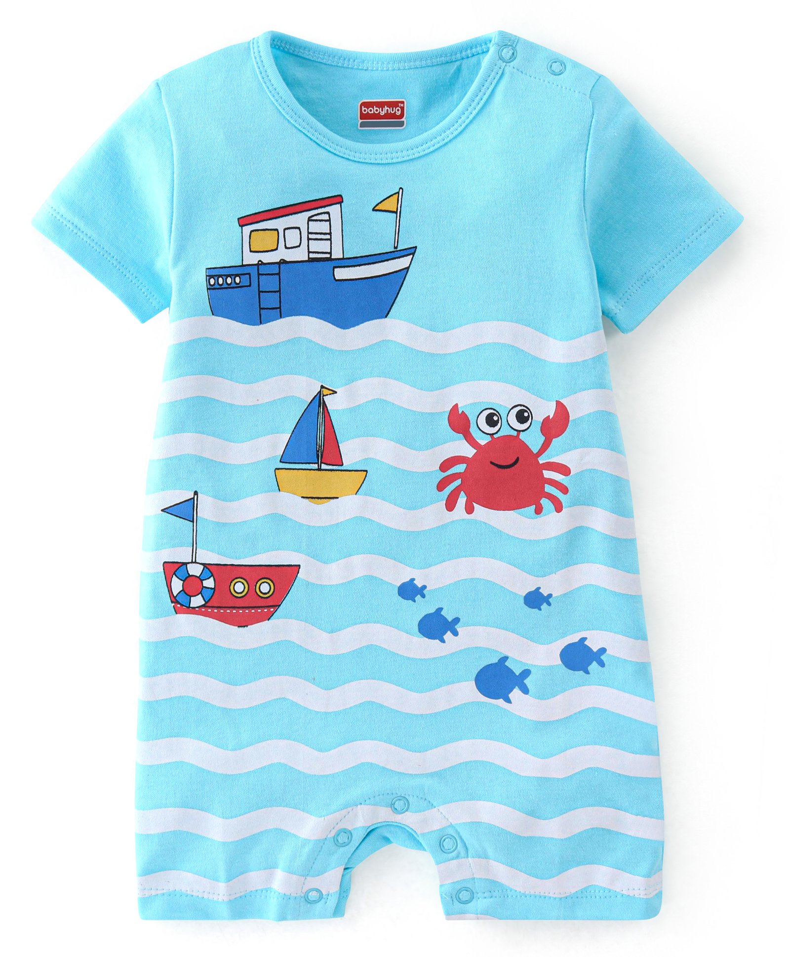 Babyhug 100% Cotton Interlock Knit Half Sleeves Romper Ship Print - Blue-picture-25