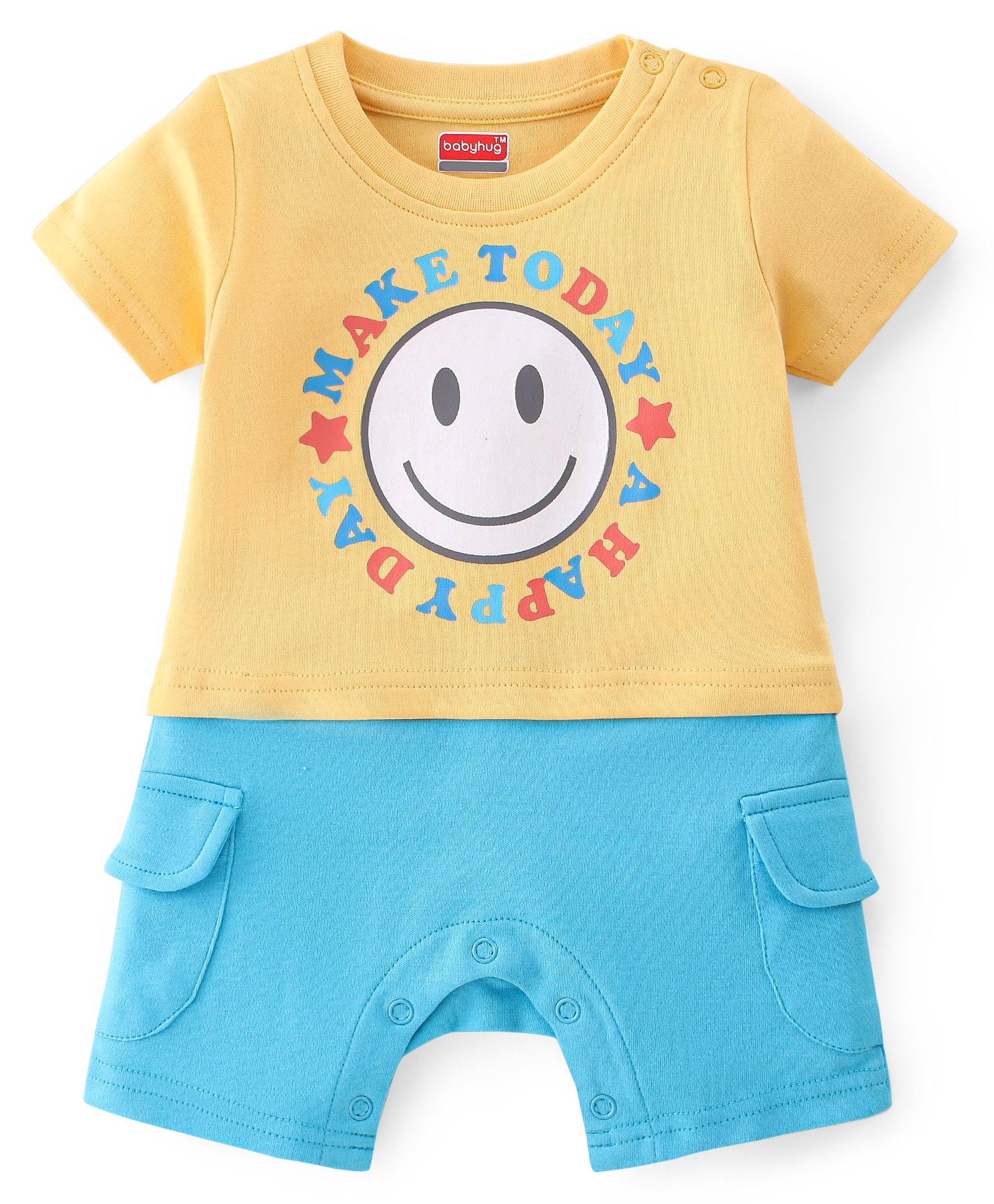 Babyhug 100% Cotton Knit Half Sleeves Romper with Smiley & Text Print - Multicolour-image-14