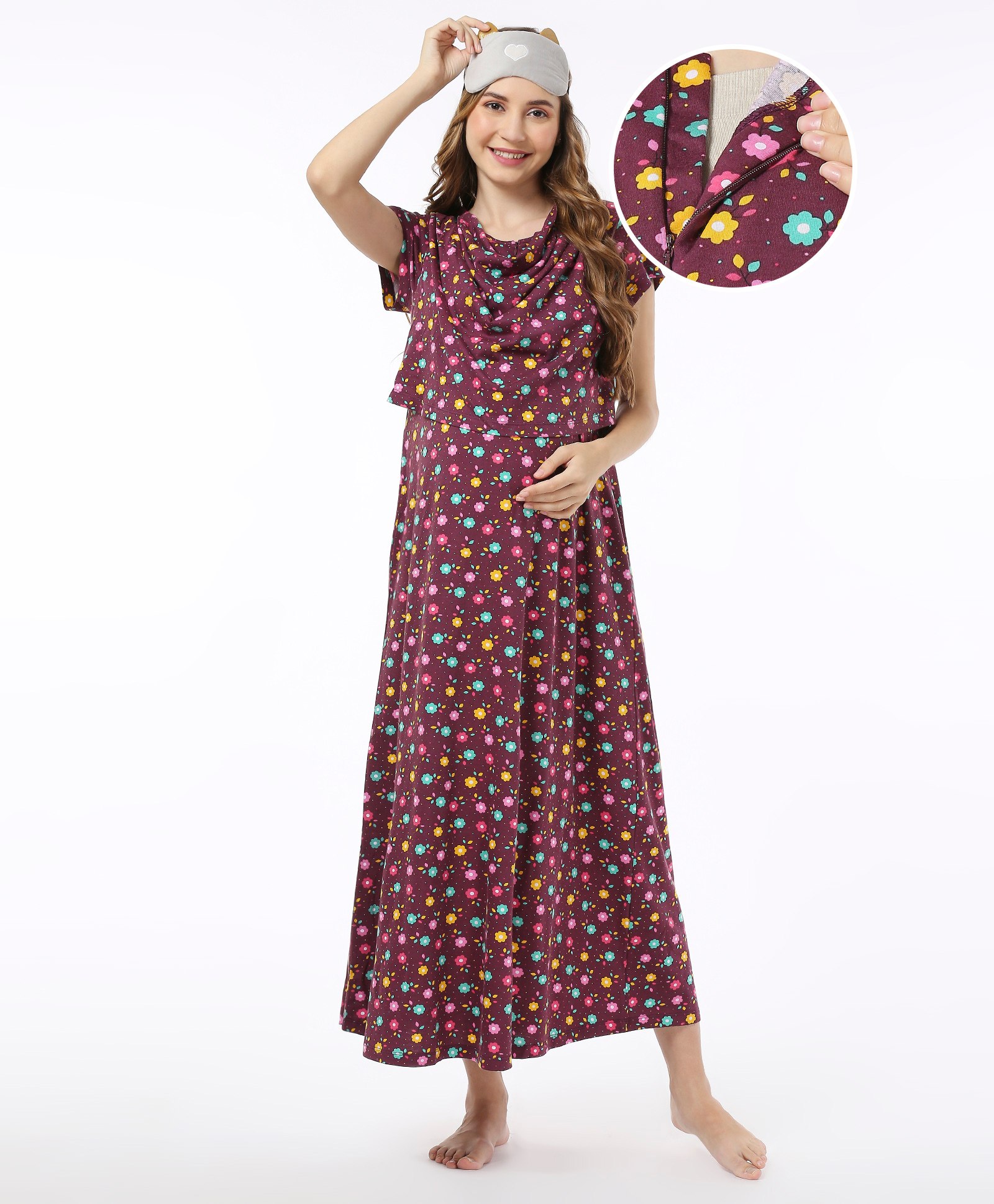 Bella Mama 100% Cotton Knit Half Sleeves Concealed Zipper Nursing Nighty Floral Print - Purple-picture-34