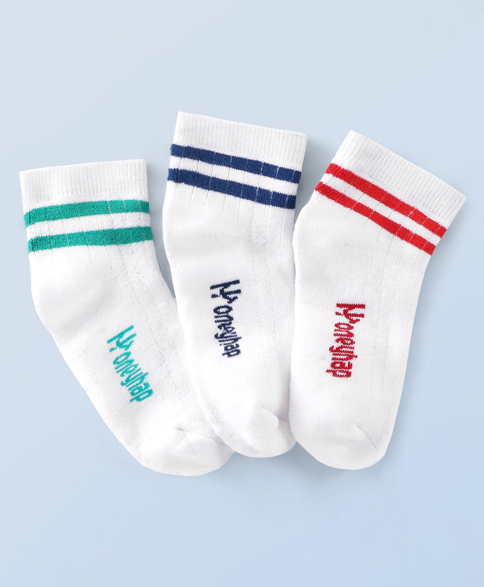 Honeyhap Premium Cotton Bamboo Knit with Bio Finish Ankle Length Socks Striped & Text Print - Bright White Holy Green & High Risk Red-image-8