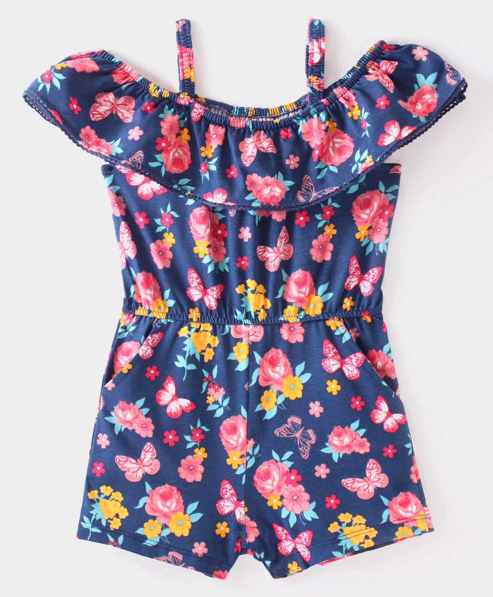 Babyhug Single Jersey Knit Cold Shoulder Sleeves Jumpsuit with Floral Print - Navy Blue-picture-19