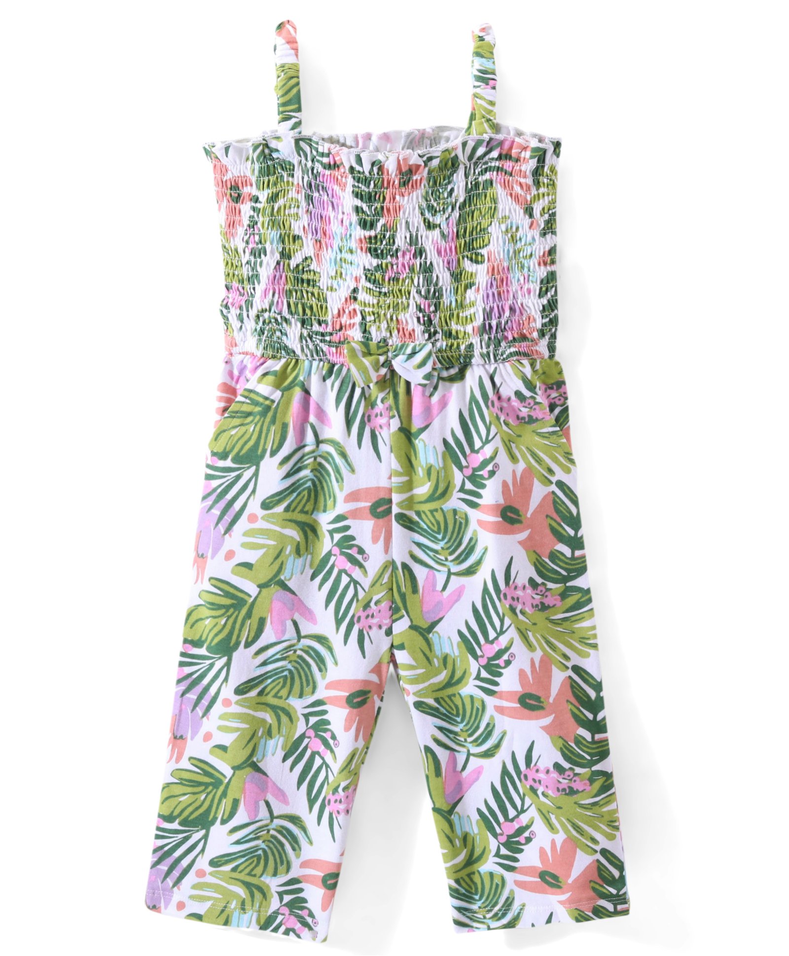 Babyhug Single Jersey Knit Sleeveless Jumpsuits with Floral Print - White & Green-image-10