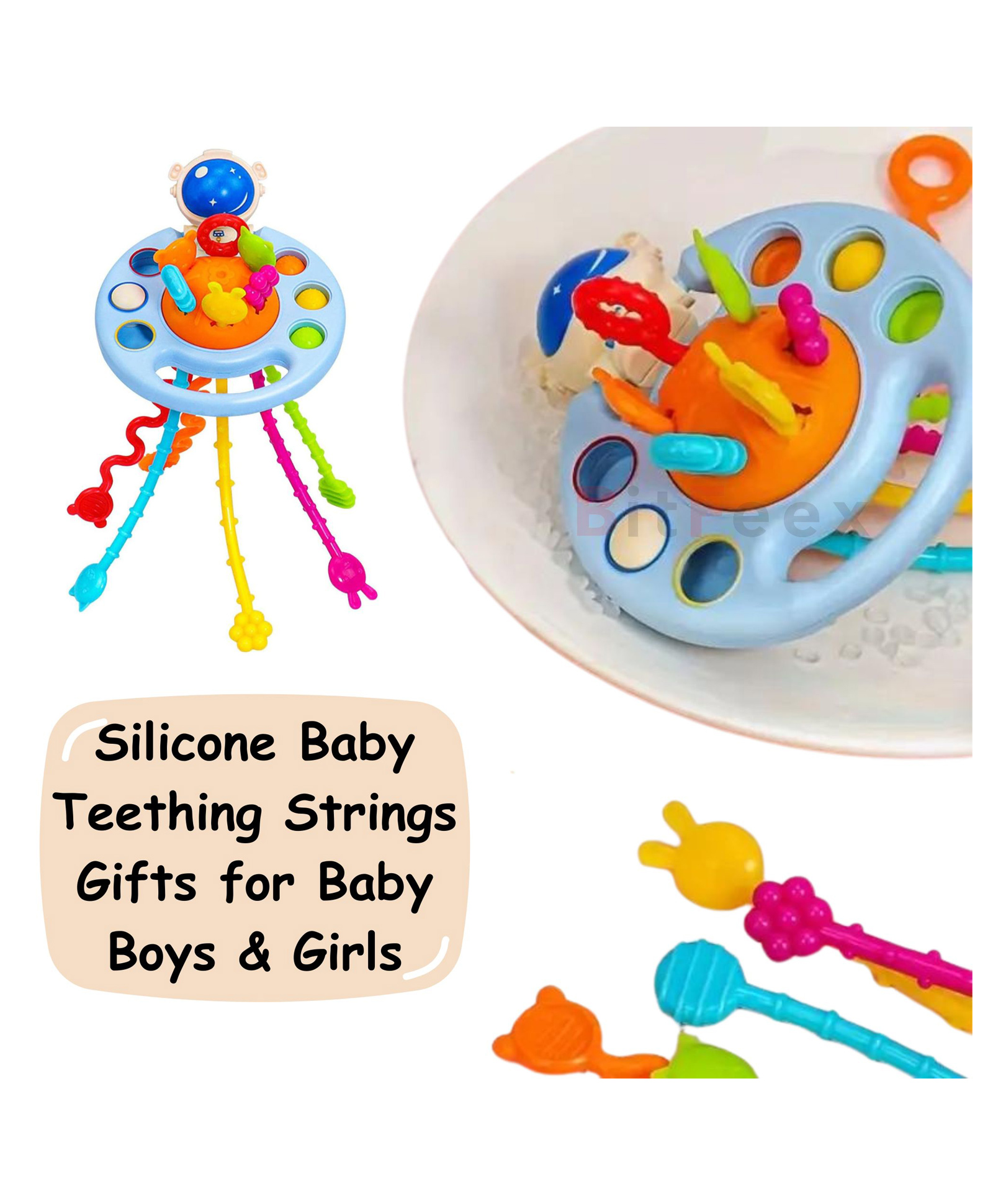 BitFeex Silicone Astronot Pull String Ball Teething Toys Baby Sensory Toys Pop and Sliding Buttons-image-15