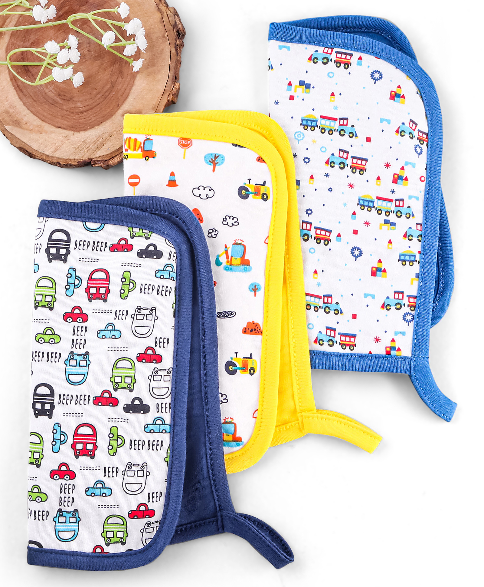 Babyhug Cotton Double Layer Wash Cloth Vehicle Print Pack of 3 - Multicolor-picture-18