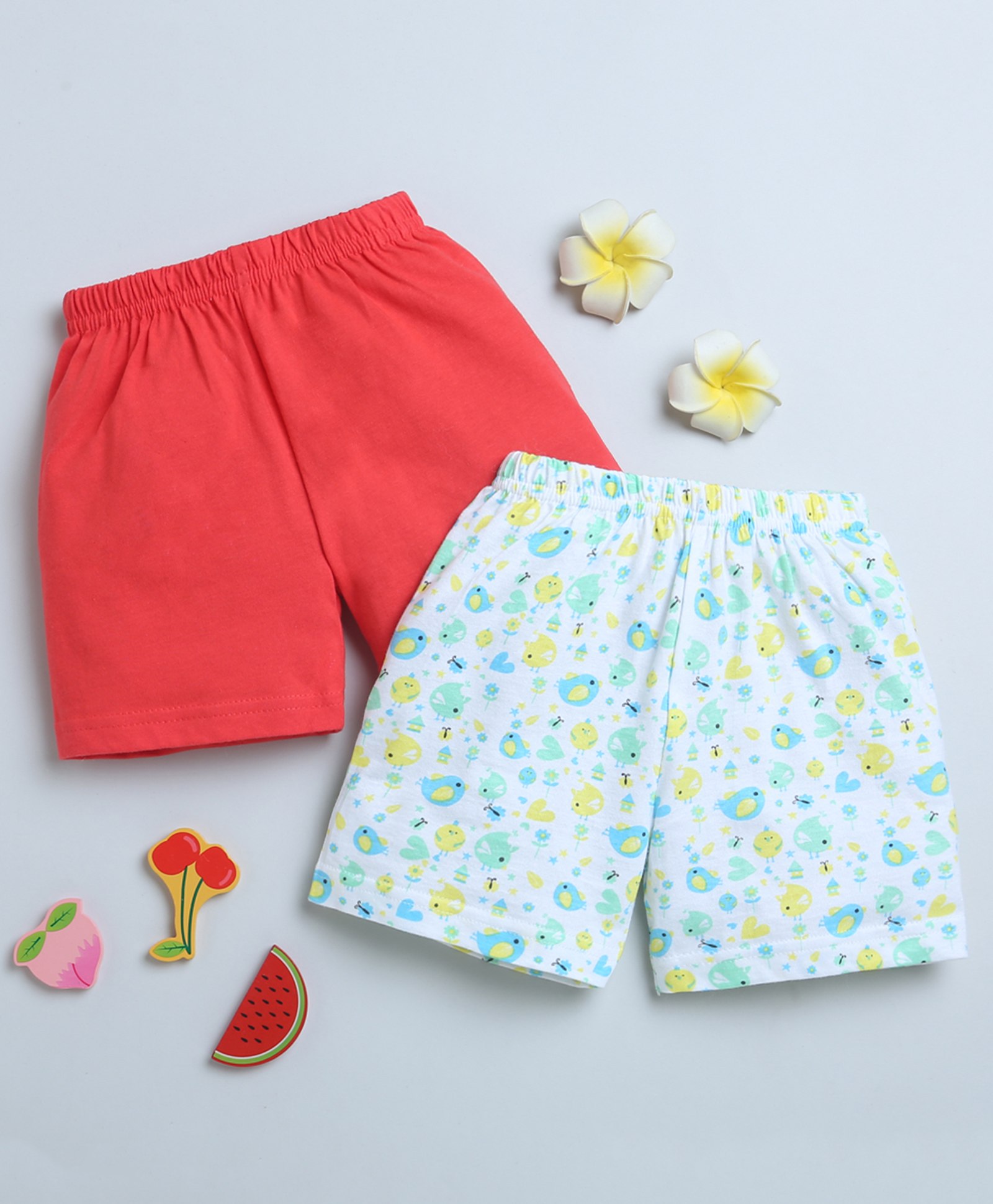 BUMZEE Pack Of 2 Solid & Birds Printed Shorts - Red & White-picture-42