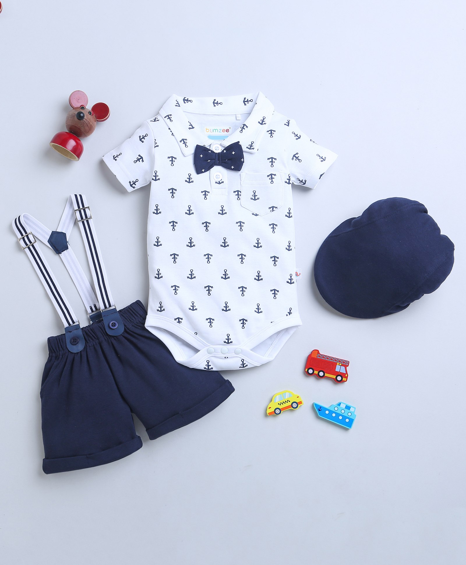 BUMZEE Half Sleeves Anchor Printed Onesie & Shorts Set With Suspender & Cap - Navy Blue & White-picture-34