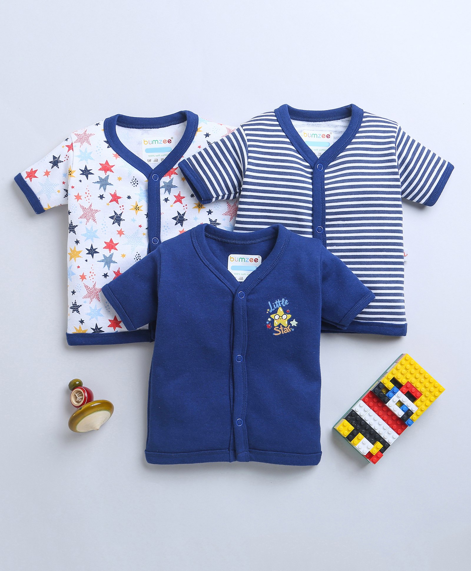 BUMZEE Pack Of 3 Half Sleeves Striped & Stars Printed Jhablas - Navy Blue & White-image-40
