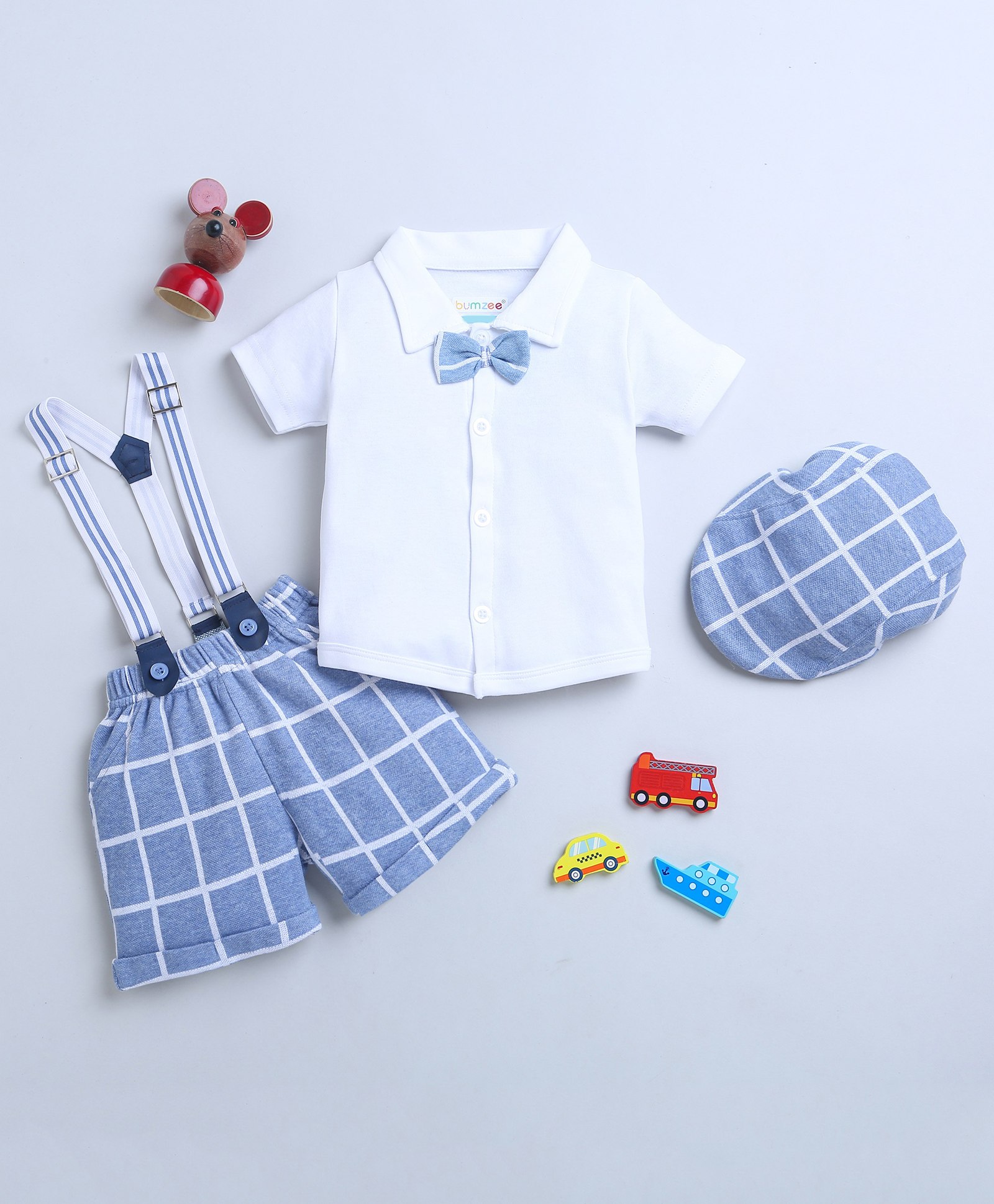 BUMZEE Half Sleeves Solid Shirt & Short Set With Suspender & Cap - Sky Blue & White-image-18