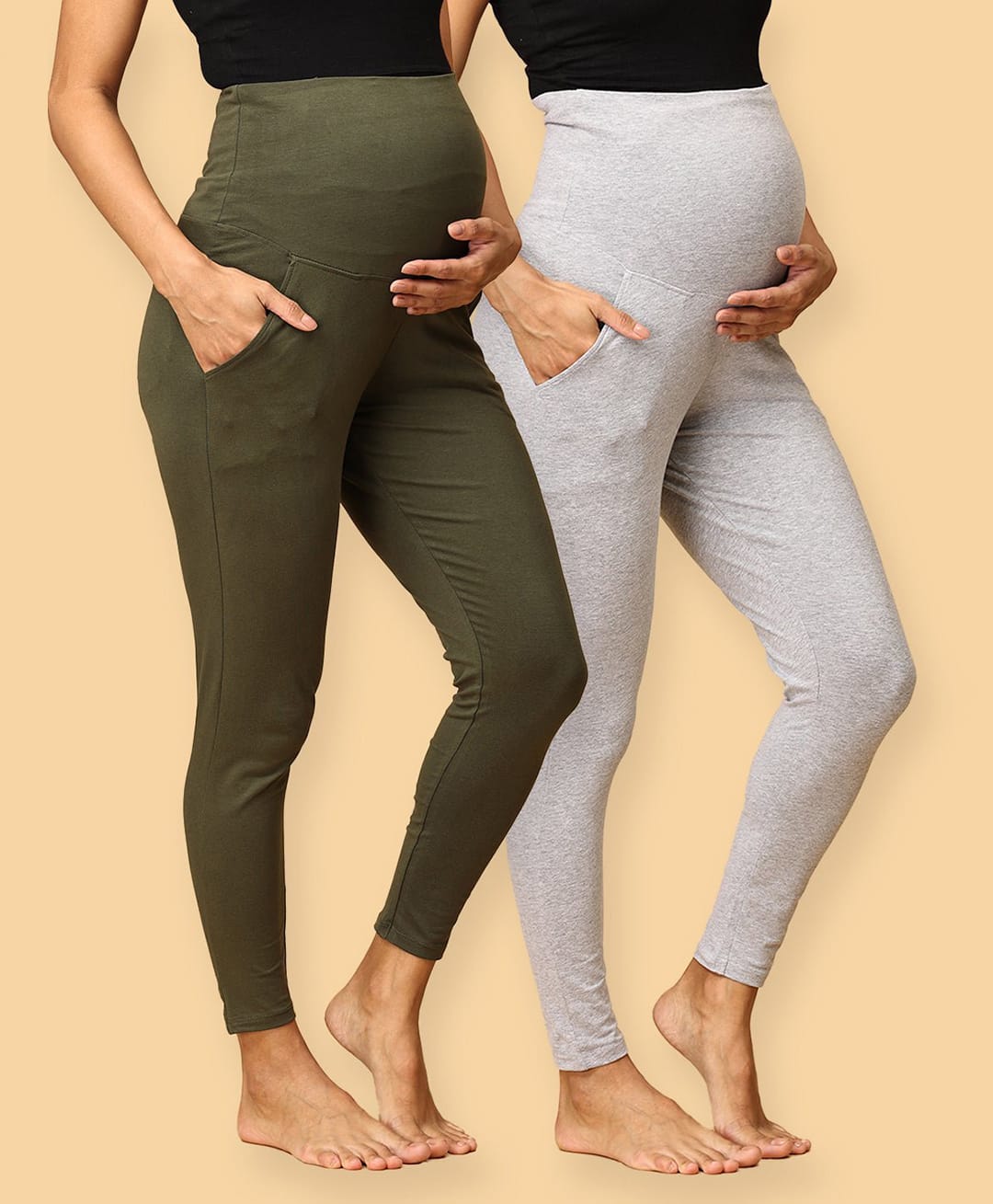 The Mom Store Pack Of 2 Solid Maternity Leggings - Olive & Grey-picture-34