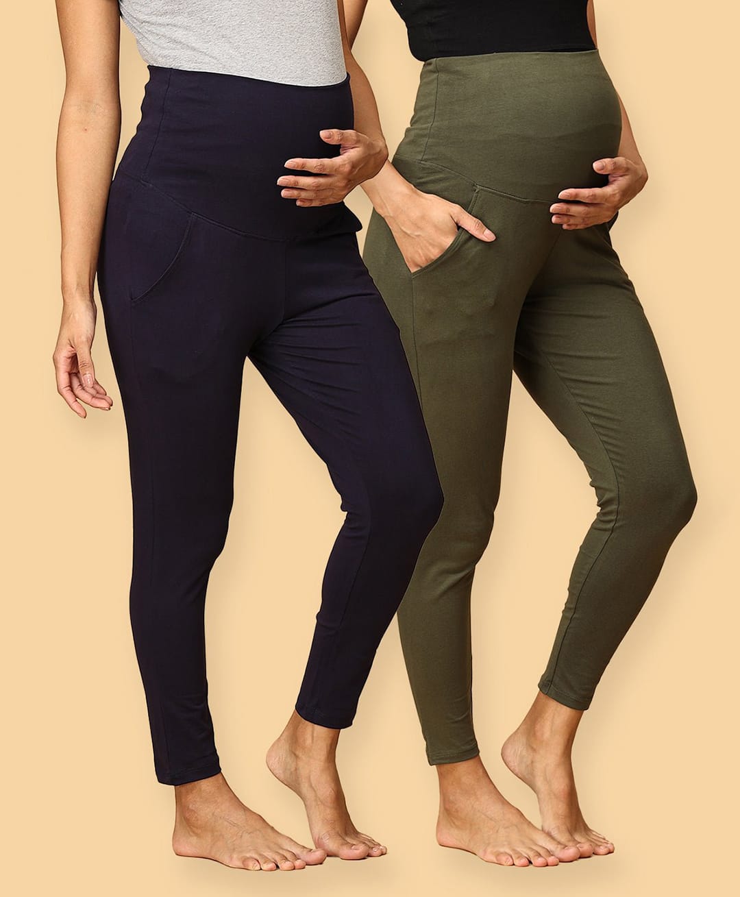 The Mom Store Pack Of 2 Solid Maternity Leggings  - Olive & Navy-picture-32