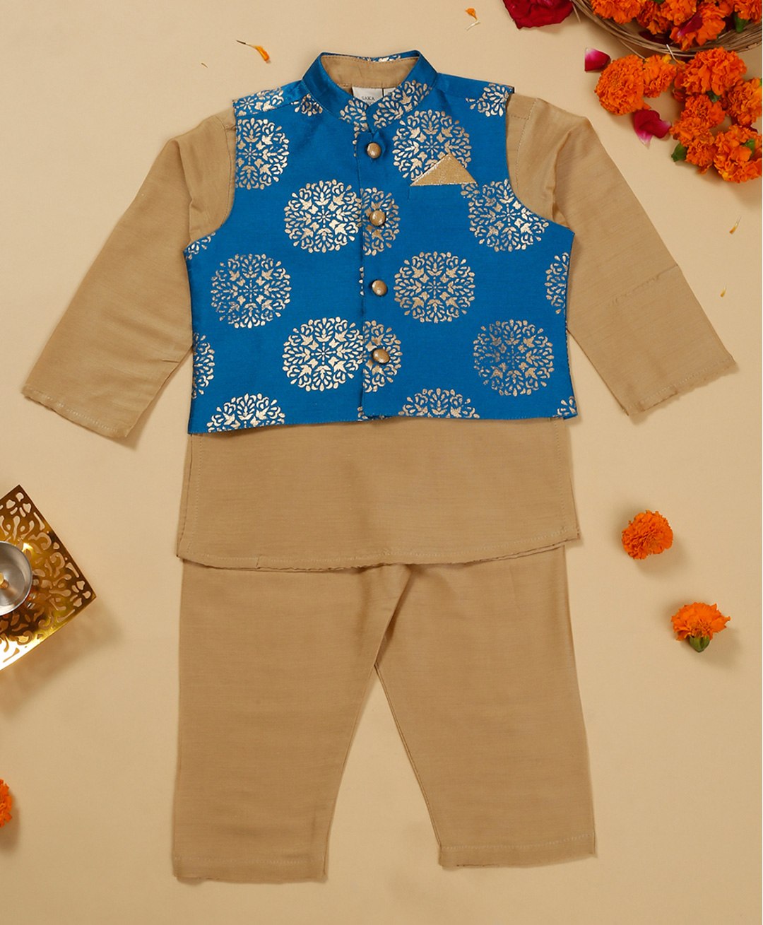 Saka Designs By Sapna Full Sleeves Coordinating Solid Kurta & Pyjama With Abstract Floral Foil Printed Jacket - Beige & Blue-picture-21