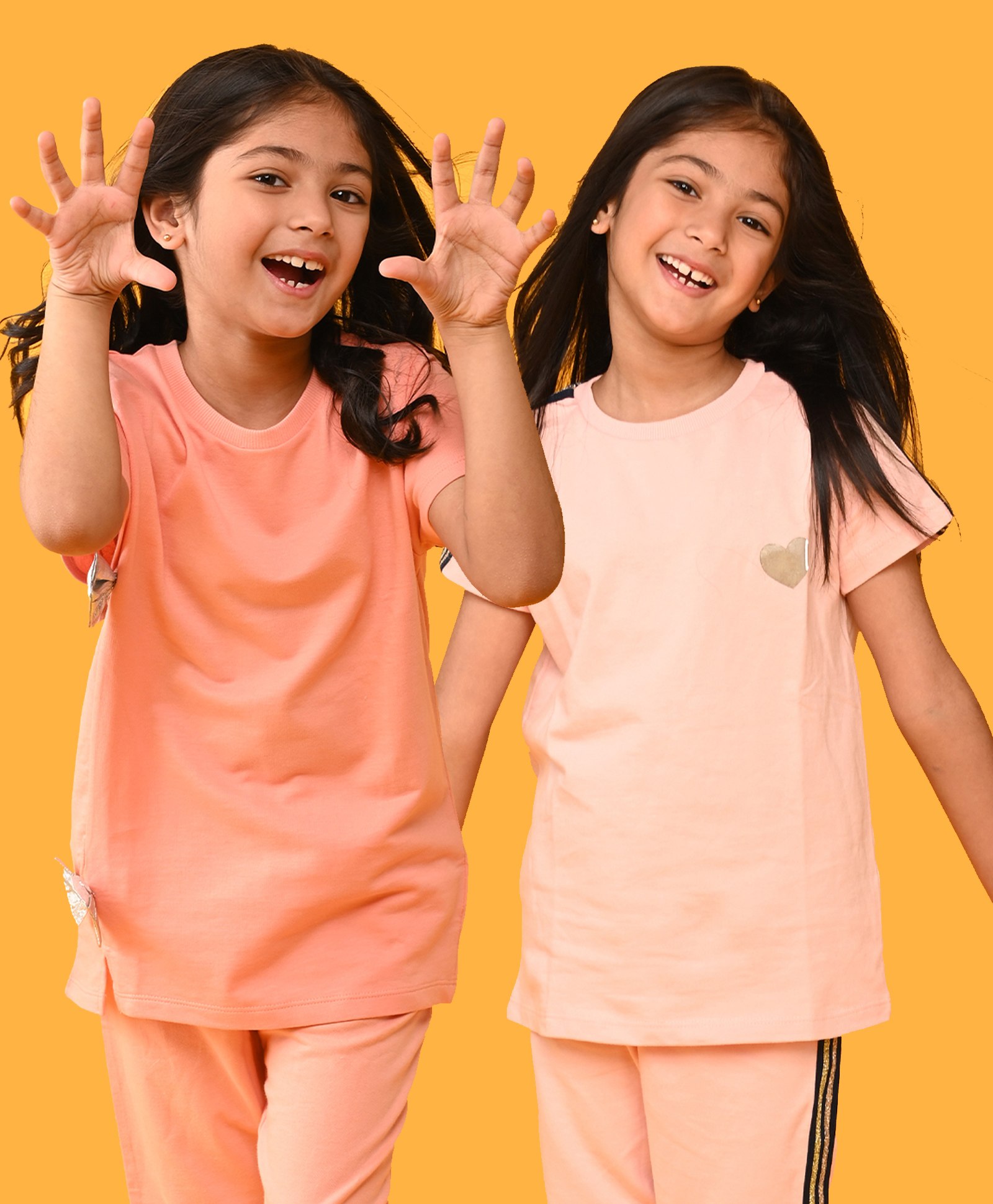 Anthrilo Terry Pack Of 2 Half Sleeves Solid & Heart Printed Tees - Peach & Pink-picture-28