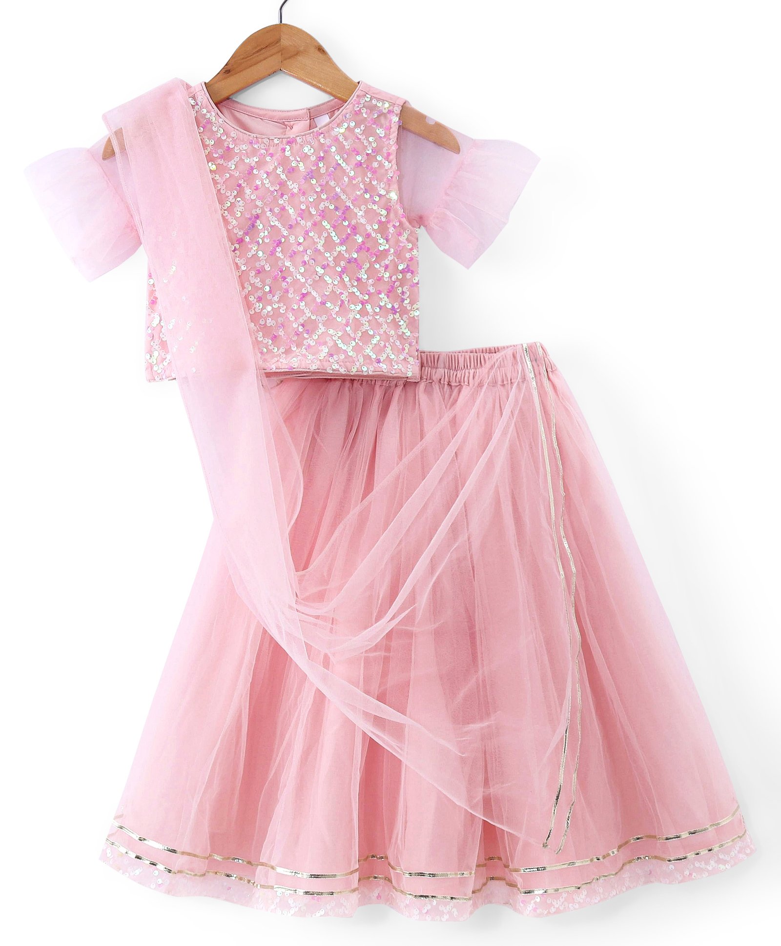 Babyhug  Short Sleeves  Choli   Lehenga Set &   Dupatta  with Sequence Detailing- Pink-image-13