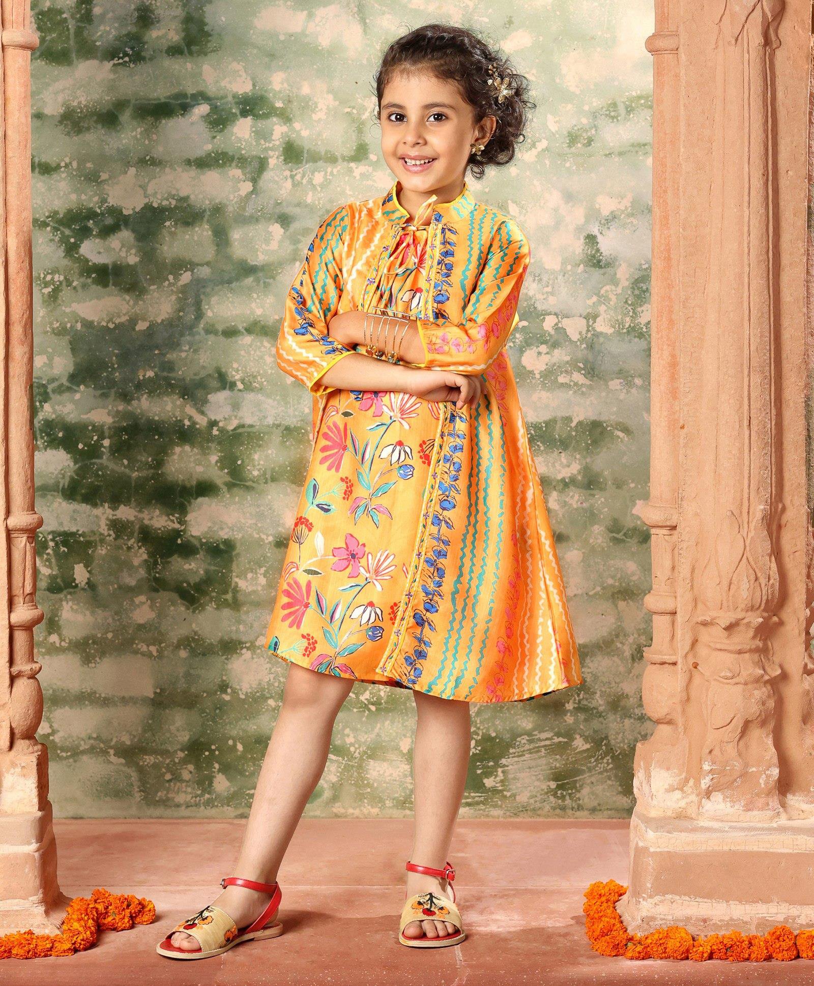 Babyhug Woven Frock with Three Fourth Sleeves Outer Jacket Floral Print - Yellow-image-44