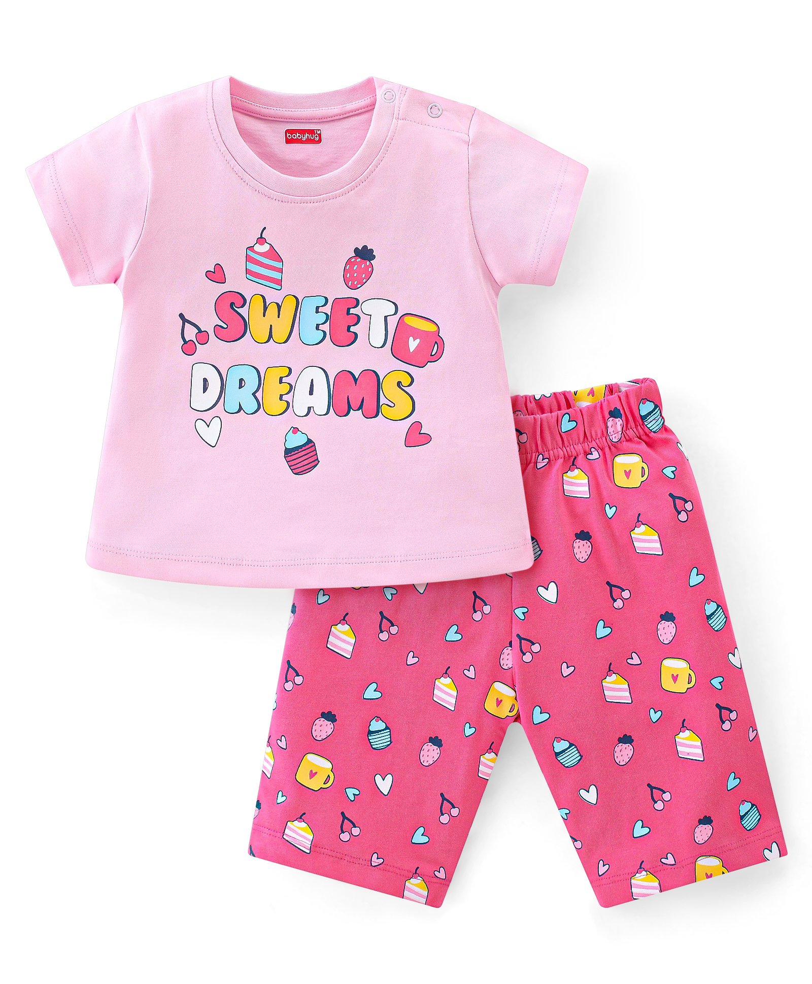 Babyhug Single Jersey Knit Half Sleeves Capri Set Heart & Text Print - Pink