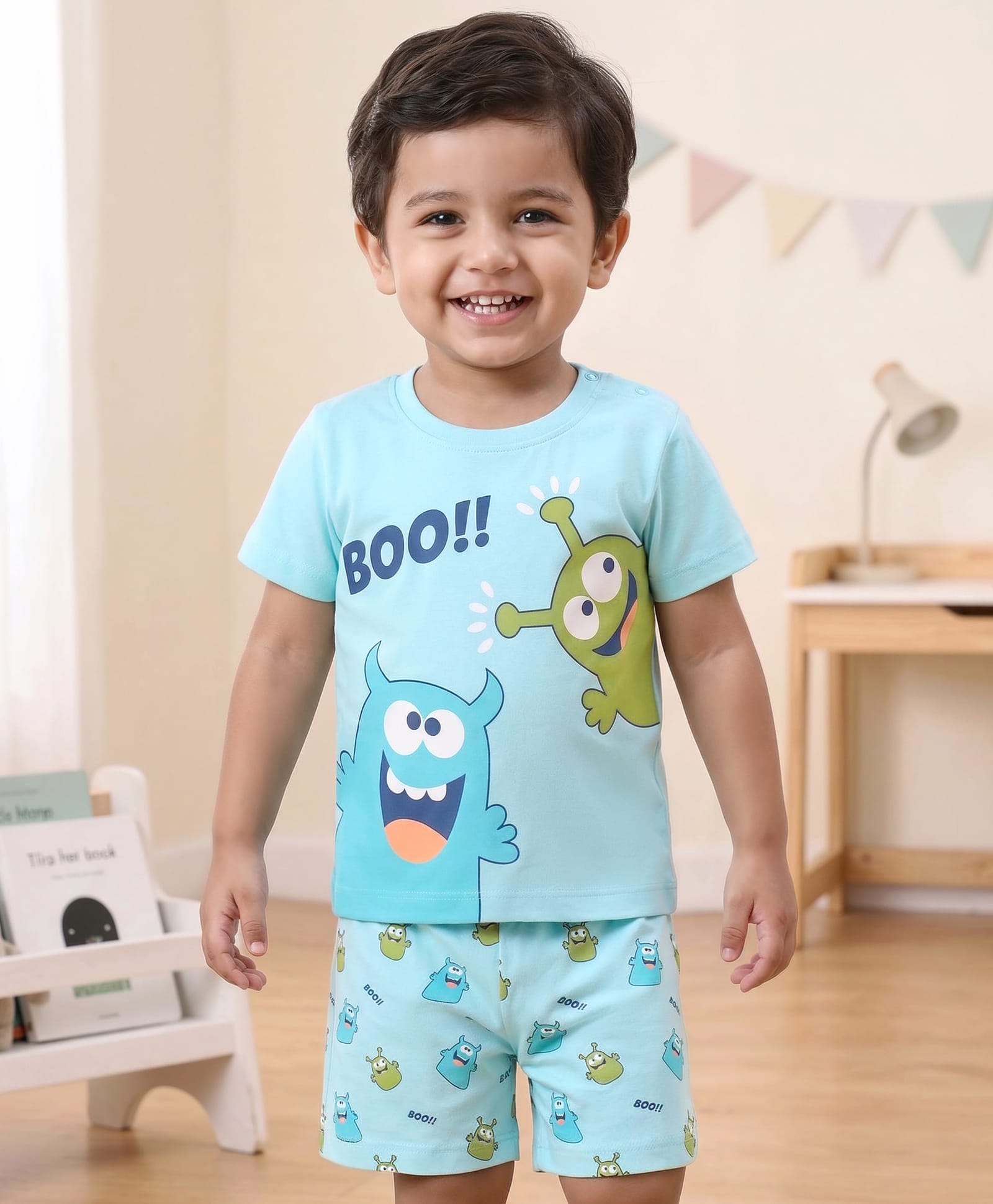 Babyhug Cotton Knit Half Sleeves Printed Night Suit - Blue-image-19