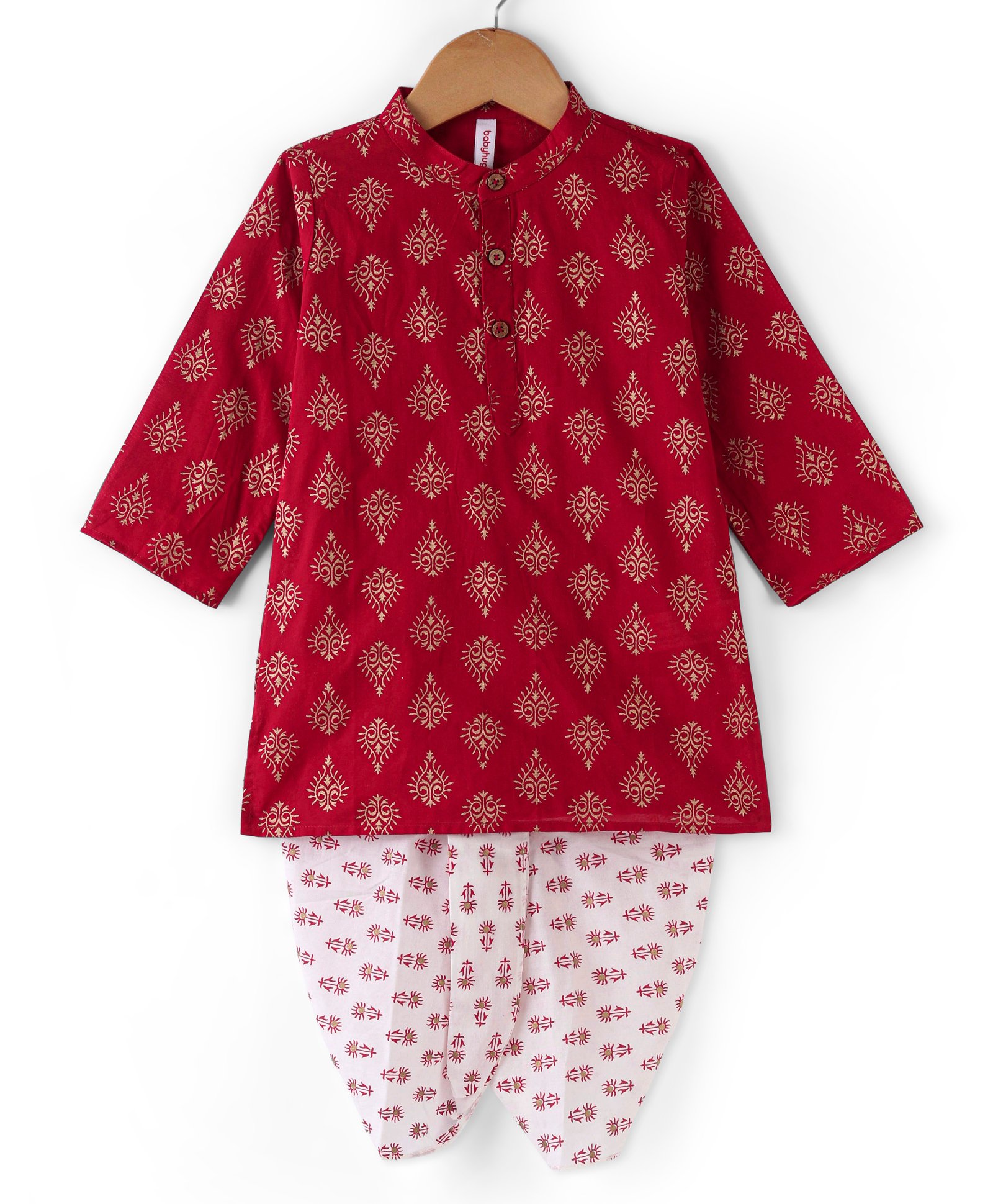 Babyhug Cotton Woven Full Sleeves Hand Block Printed Kurta & Dhoti Set - Red & White-image-8