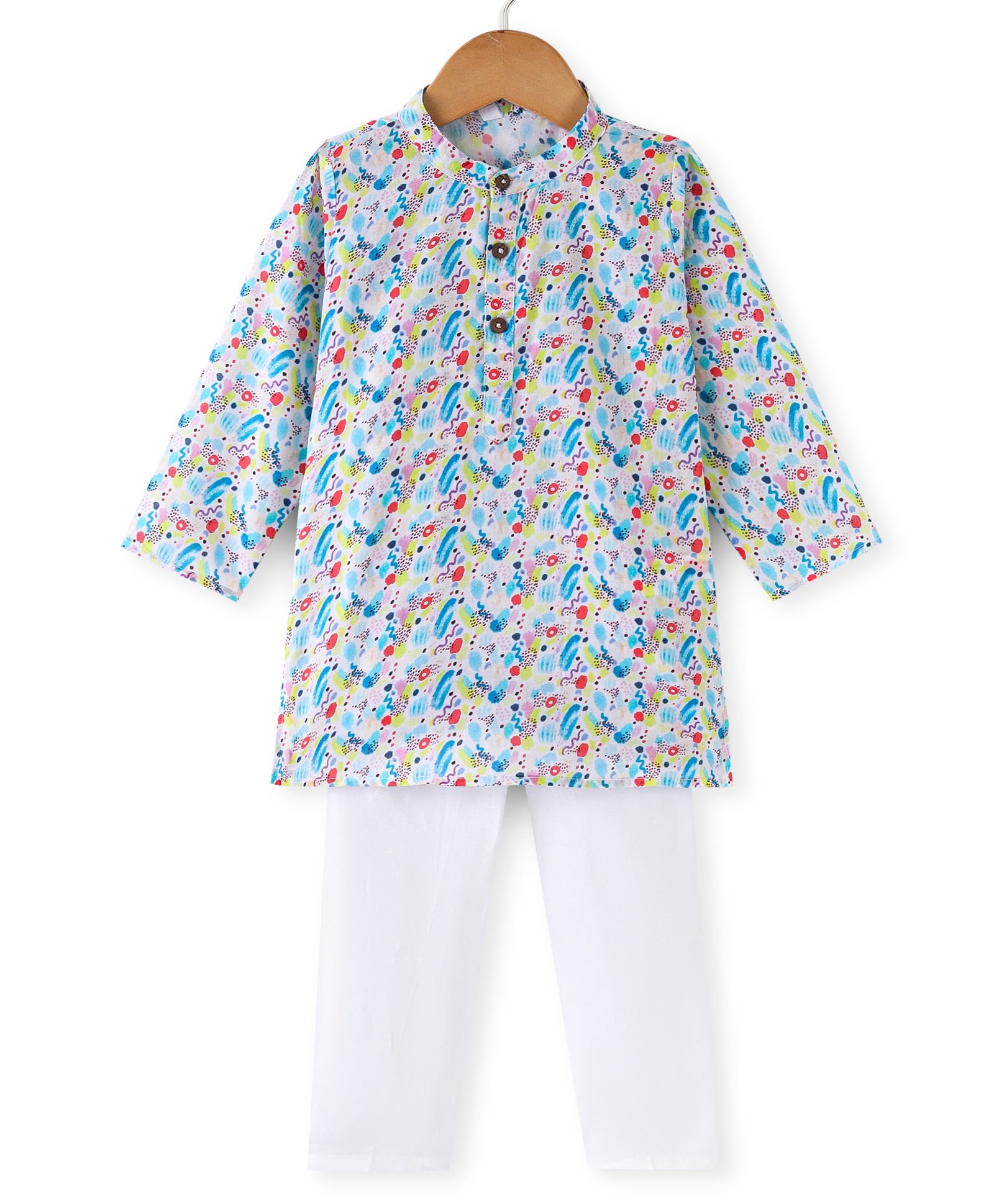 Babyhug 100% Cotton Woven Full Sleeves Kurta & Pyjama Set With Abstract Print - Blue & White-picture-34