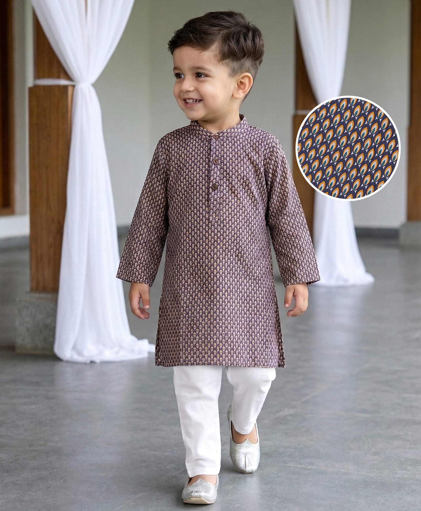 Babyhug 100% Cotton Woven Full Sleeves Kurta & Pyjama Set With Abstract Print - Brown & White-picture-32