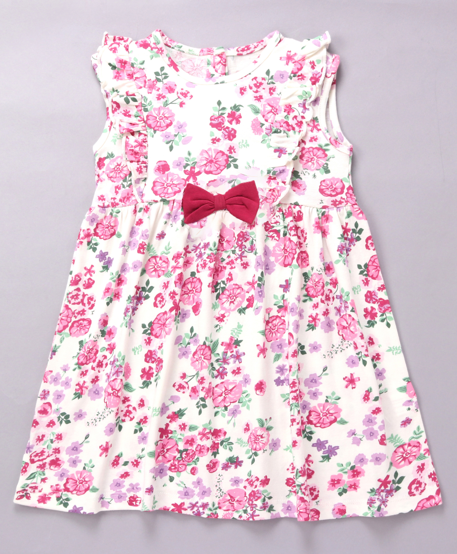 Babyhug 100% Cotton Single Jersey Knit Frill Sleeves Frock With Bow Applique Floral Print - Pink-image-18