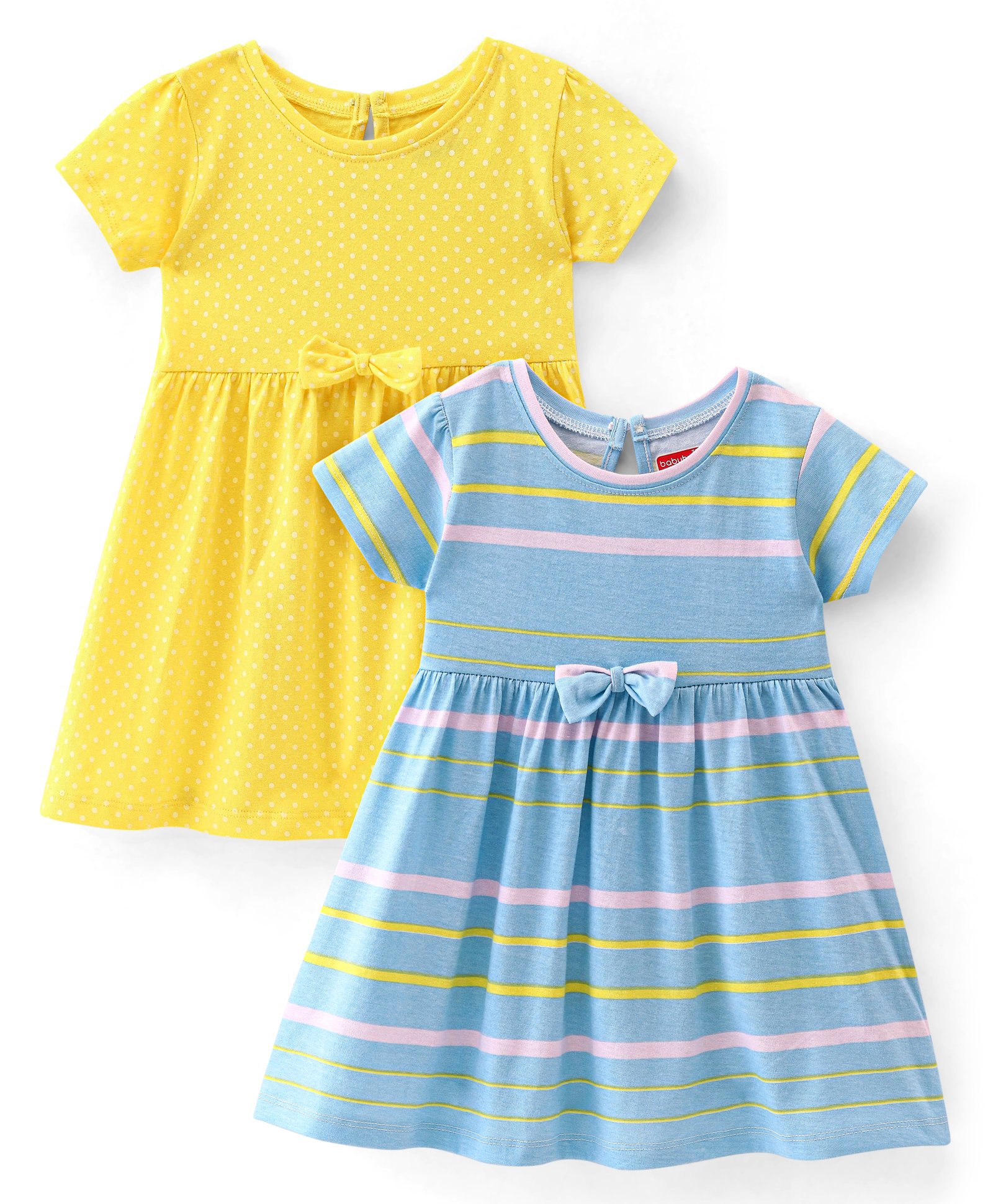 Babyhug Cotton Knit Half Sleeves Solid & Striped Frocks Pack of 2 - Yellow & Blue-image-37