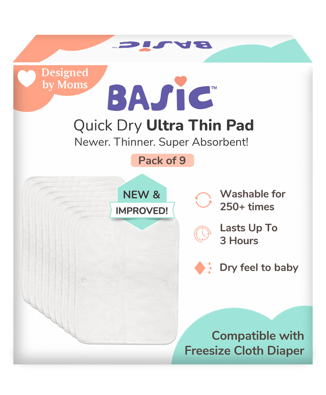 SuperBottoms BASIC EASY- quick drying prefold style soaker for Cloth Diapers/inserts with dry feel layer on top (Pack of 9)