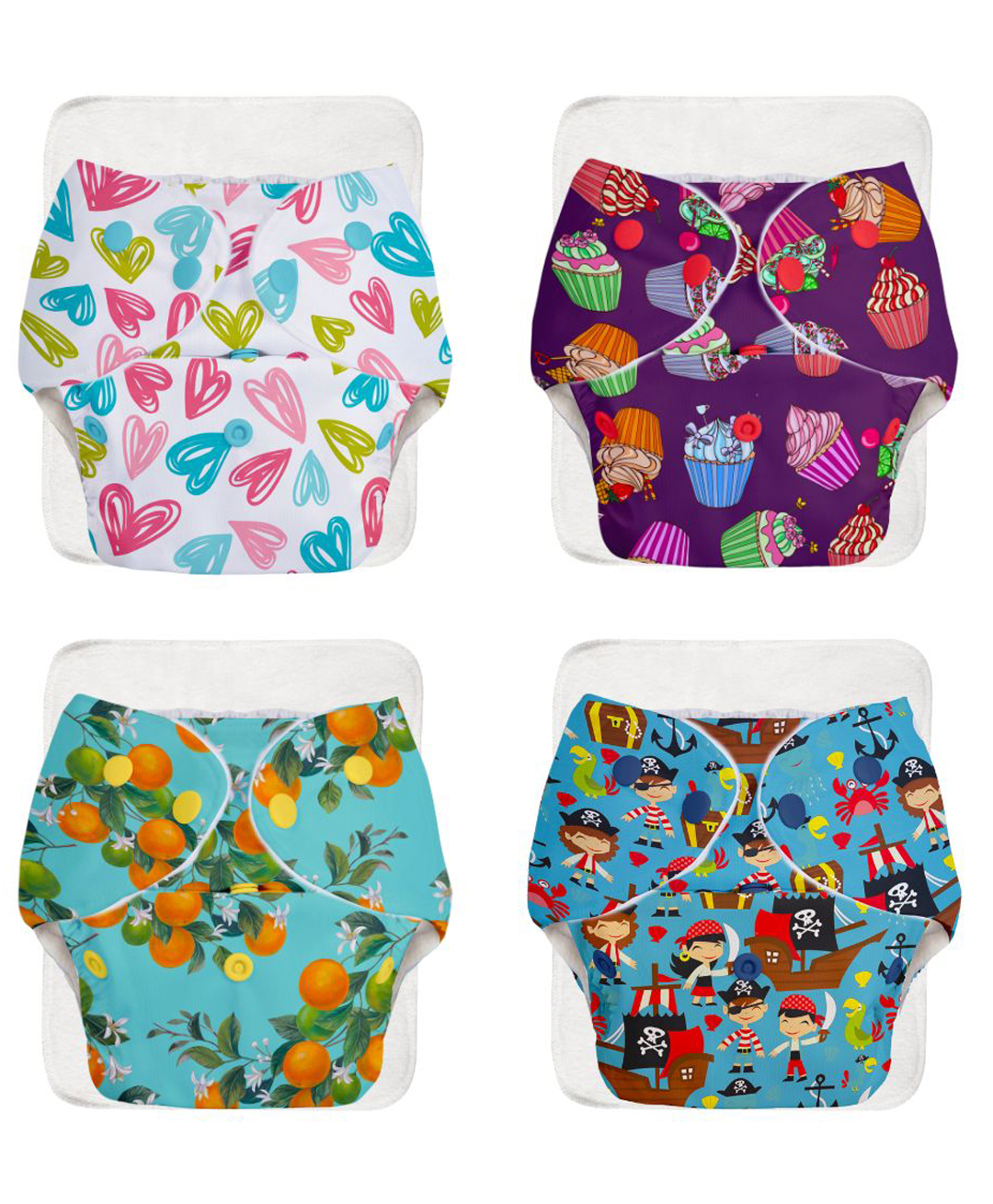 basic assorted pack of 4 diapers with 4 dry feel inserts - freesize cloth diapers | reusable cloth diapers for babies - fits babies from 0-3 years - 5-17kgs | option 6