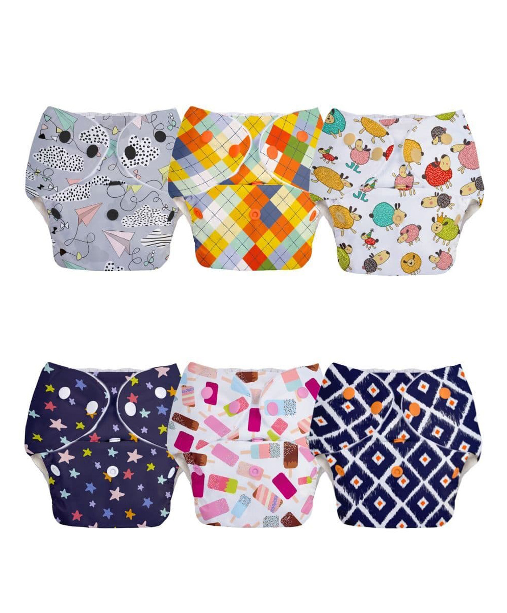 SuperBottoms BASIC EASY - Pack of 6 Assorted Freesize Washable & reusable waterproof adjustable cloth diaper for babies 0-3 years- Outer Shell only - Print may vary-image-42