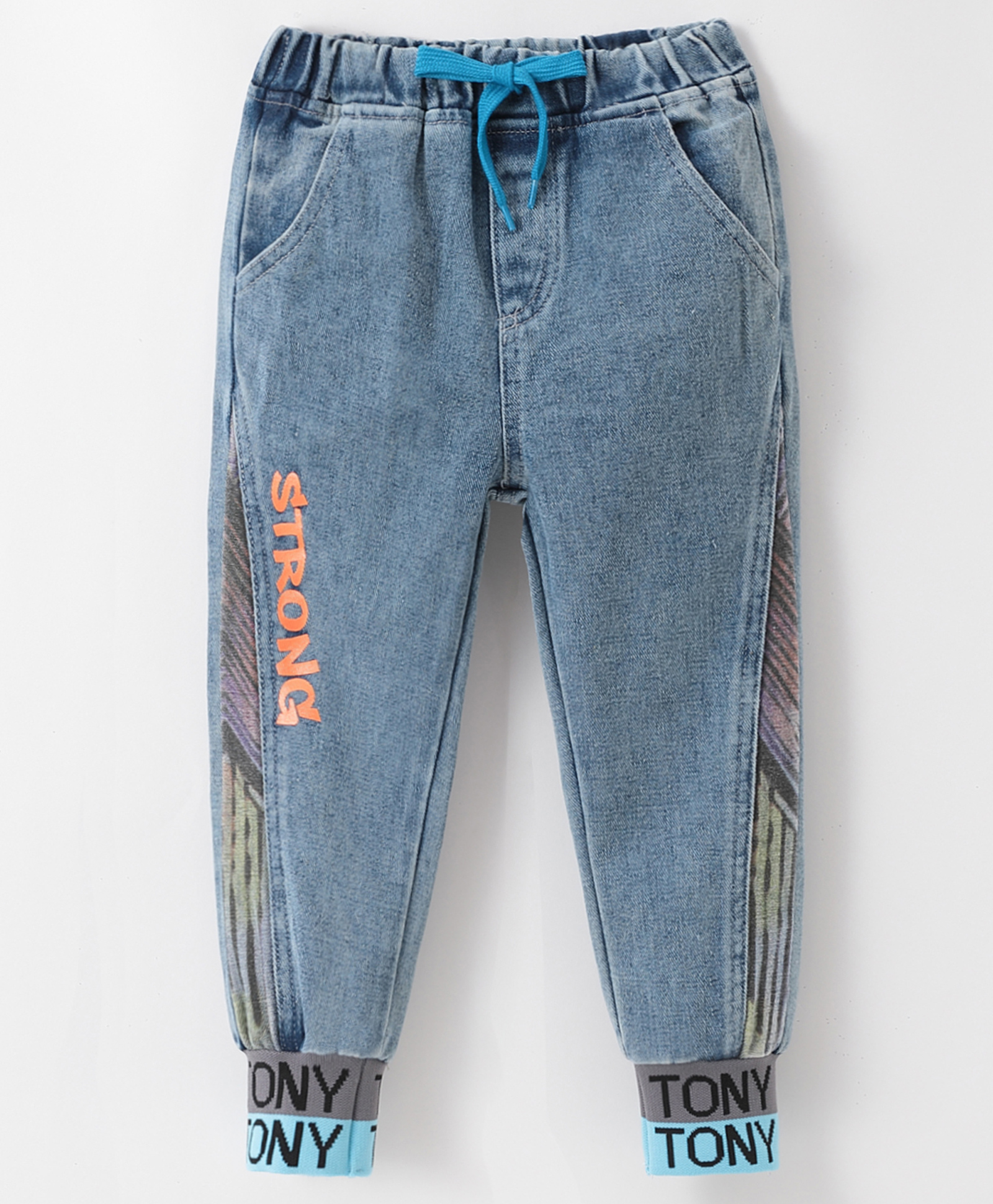 Kookie Kids Denim Full Length Washed Jeans With Text Print- Blue-image-25