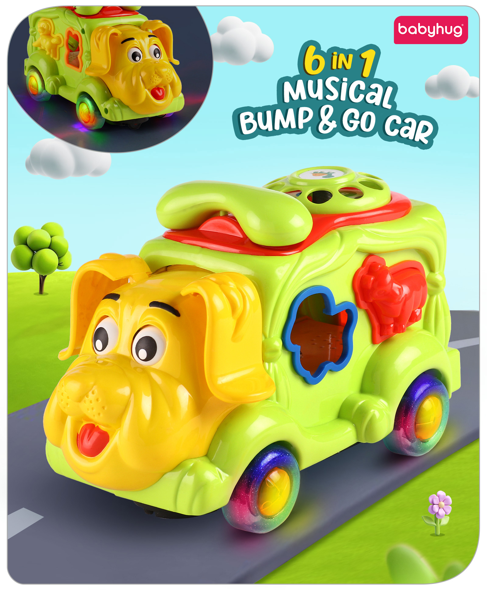 Babyhug Puppy Shaped Bump & Go Musical Vehicle with Dial Phone - Multicolor-picture-28