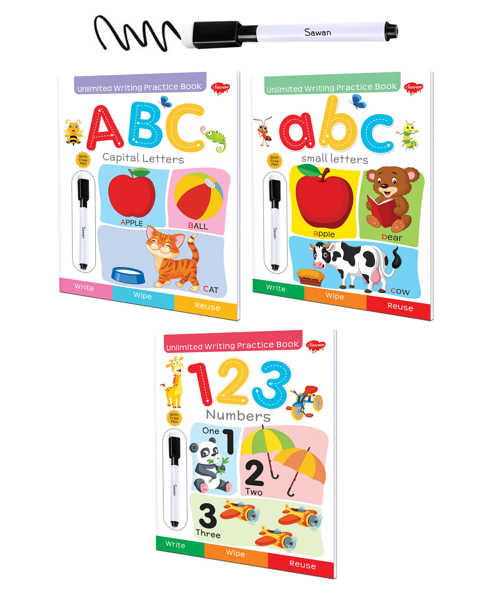 sawan ABC Small Letters ABC Capital Letters & 123 Numbers Reusable Wipe and Clean Book Pack of 3  - English-picture-22