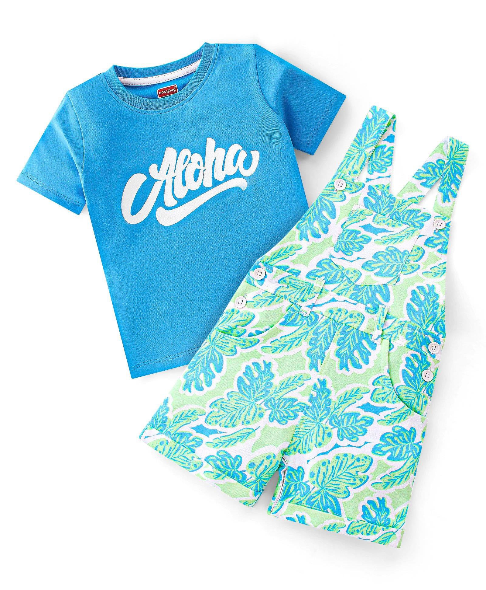 Babyhug 100% Cotton Knit Dungarees & Half Sleeves T-Shirt With Text & Tropical Print - Green & Blue-image-0