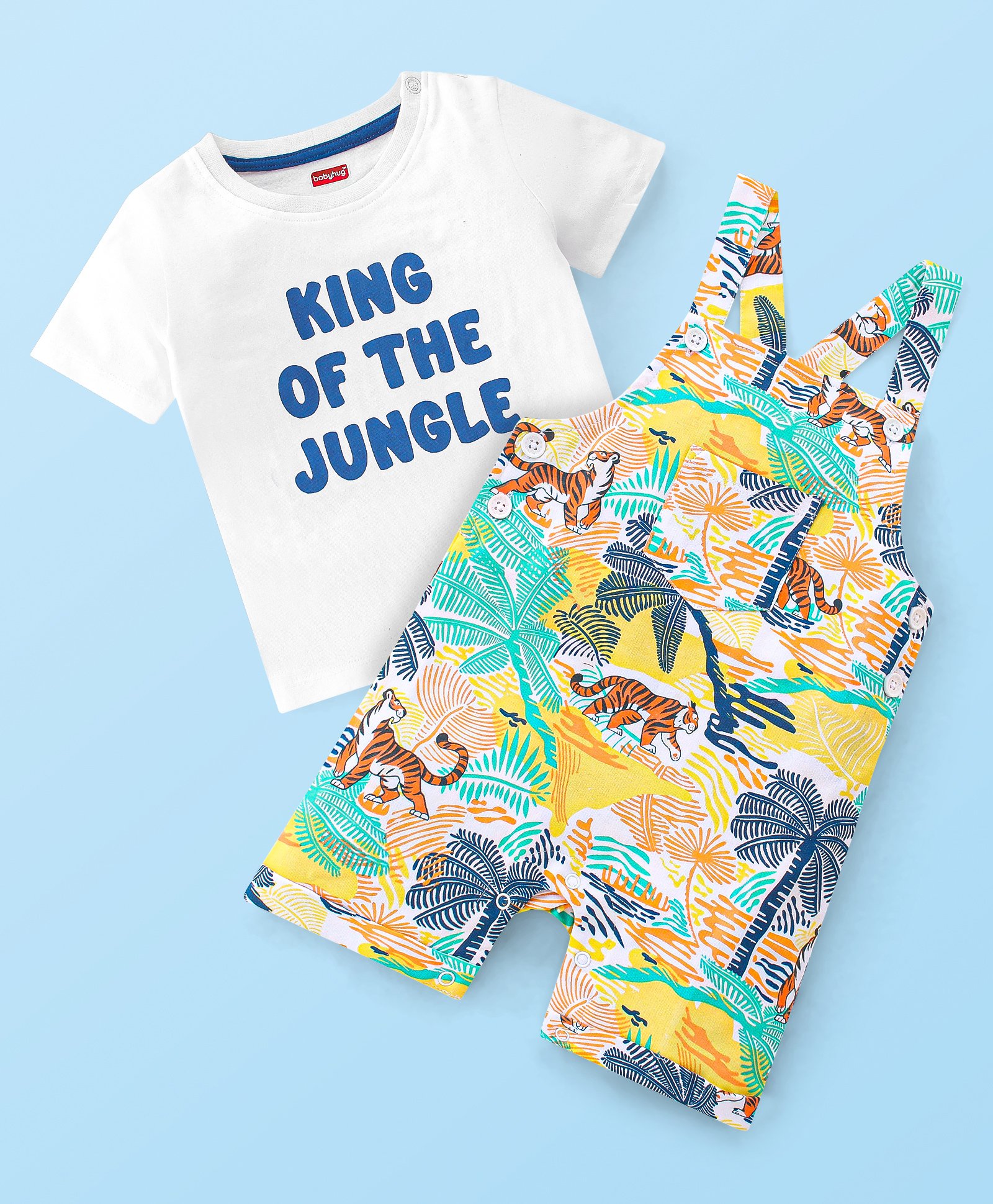 Babyhug Single Jersey Cotton Knit Dungaree with Half Sleeves Inner Tee Jungle Safari Print - Multicolour-image-15