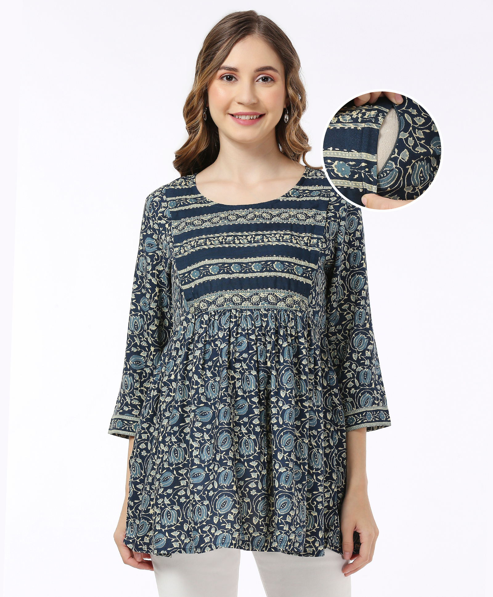 Bella Mama 100% Viscose Woven  Three Fourth Sleeves Maternity Top with Border Printed Yoke Floral Print - Navy Blue