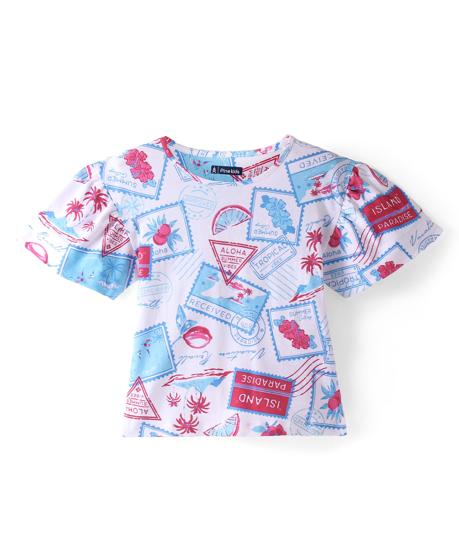 Pine Kids Cotton Knit Half Sleeves Stamps Printed Top - White-picture-18
