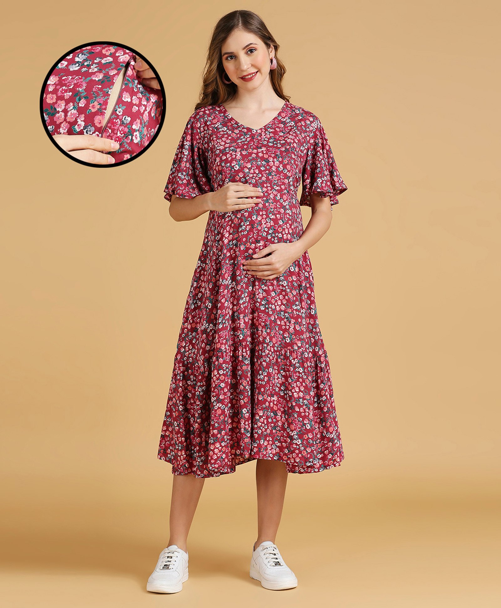 MomToBe Half Sleeves Floral Printed Maternity Dress With Concealed Zipper Nursing Access -  Wine Red-image-45