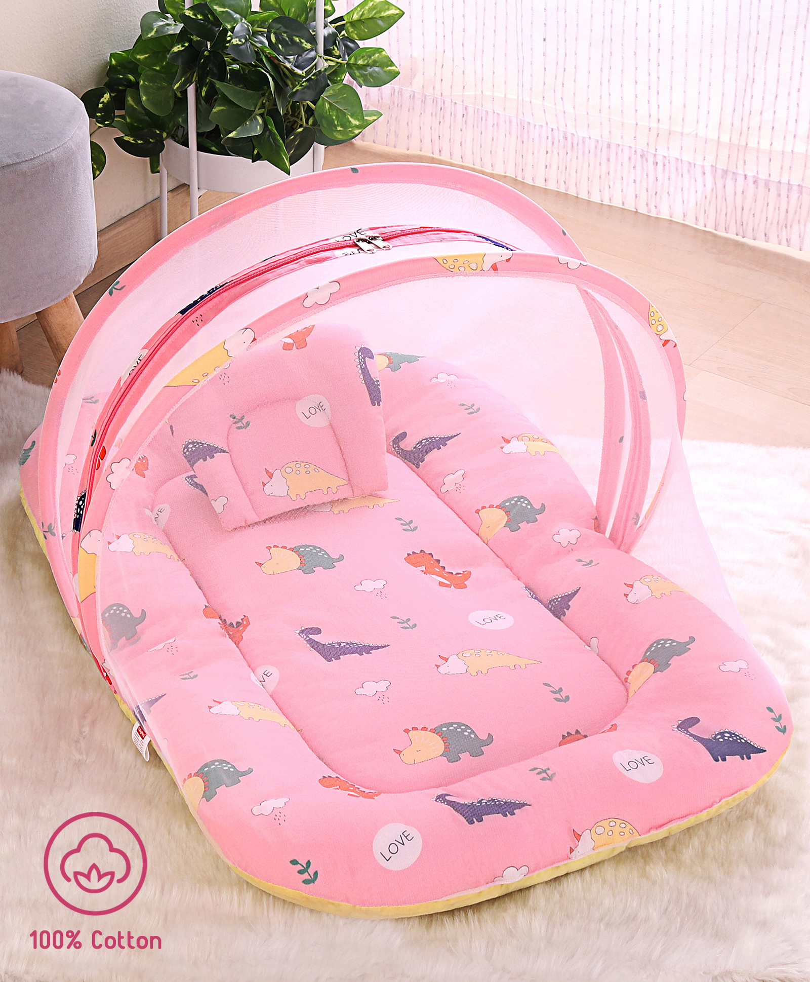 Babyhug Cotton Bedding Set with Mosquito Net Dino Print- Light Pink-image-22