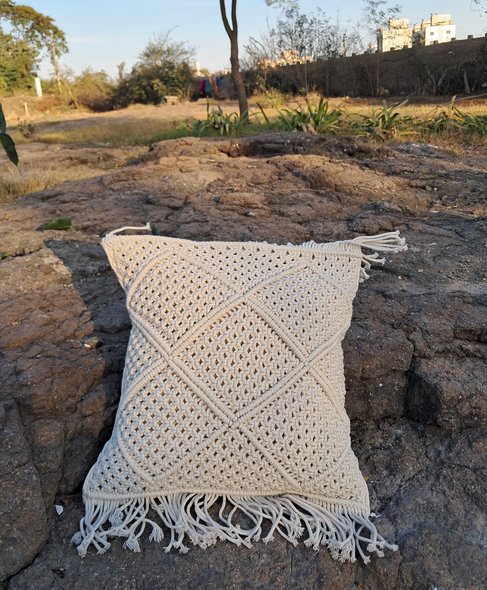 Aamivi New Born Baby Photograph Boho Macrame Cushion Cover, Handmade, Home Décor Pack of 2 Ivory/Off White