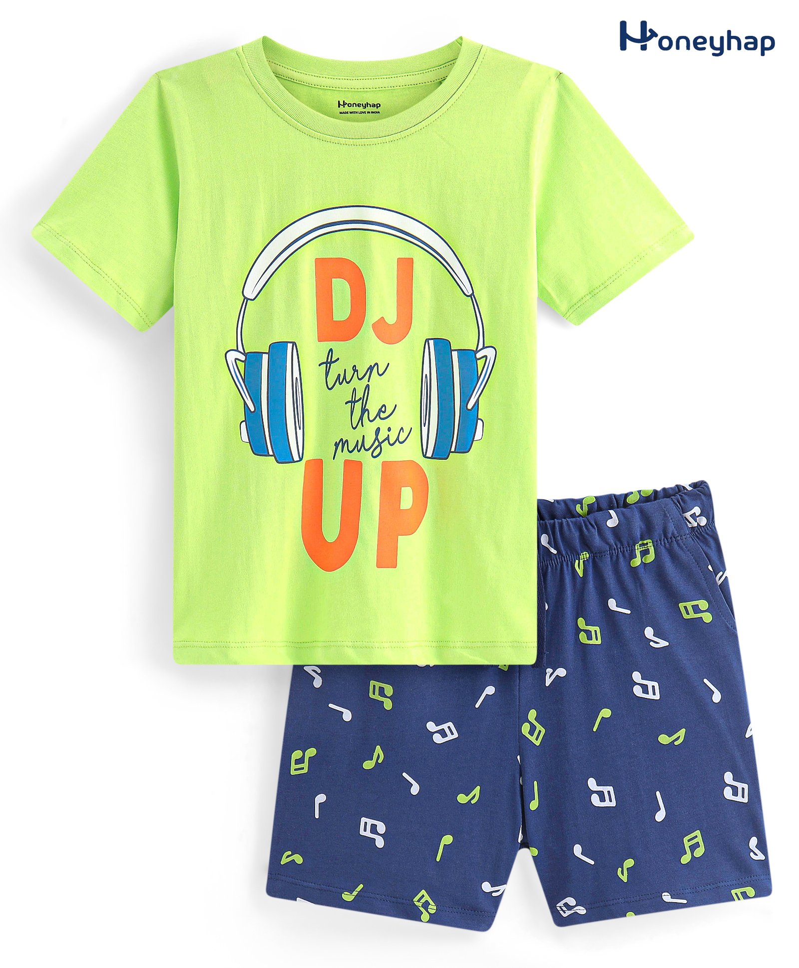 Honeyhap Premium 100% Cotton Single Jersey With Bio Finish Half Sleeves Night Suit With Music Tone Print - Green & Navy Blue-picture-13