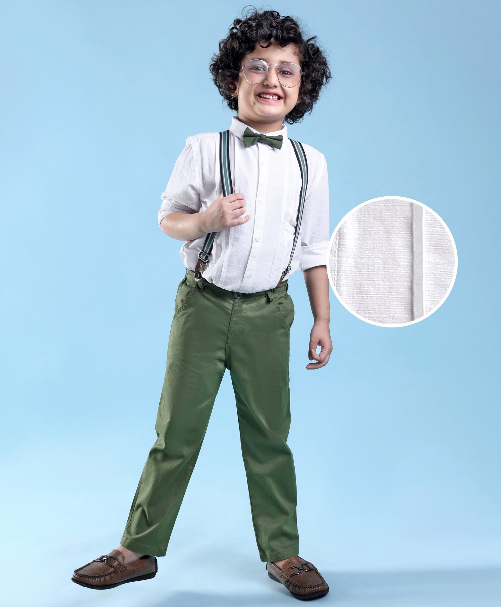 Mark & Mia Full Sleeves Peter Pan Collar Pleated Shirt & Trouser with Bow & Suspender - Multicolour-image-13