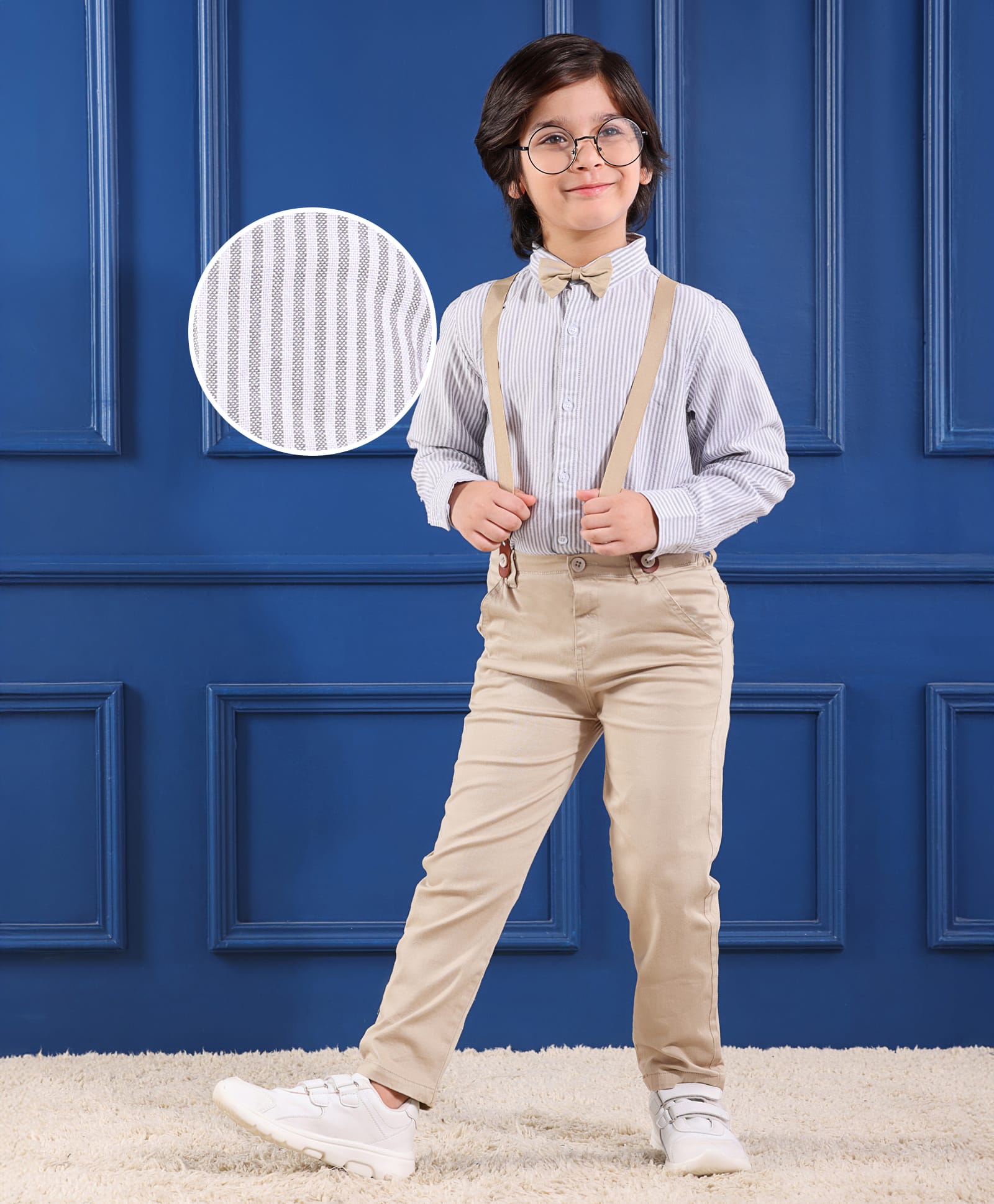 Mark & Mia Full Sleeves Striped Party Shirt & Trouser Set with Bow & Suspender - Multicolour-image-27