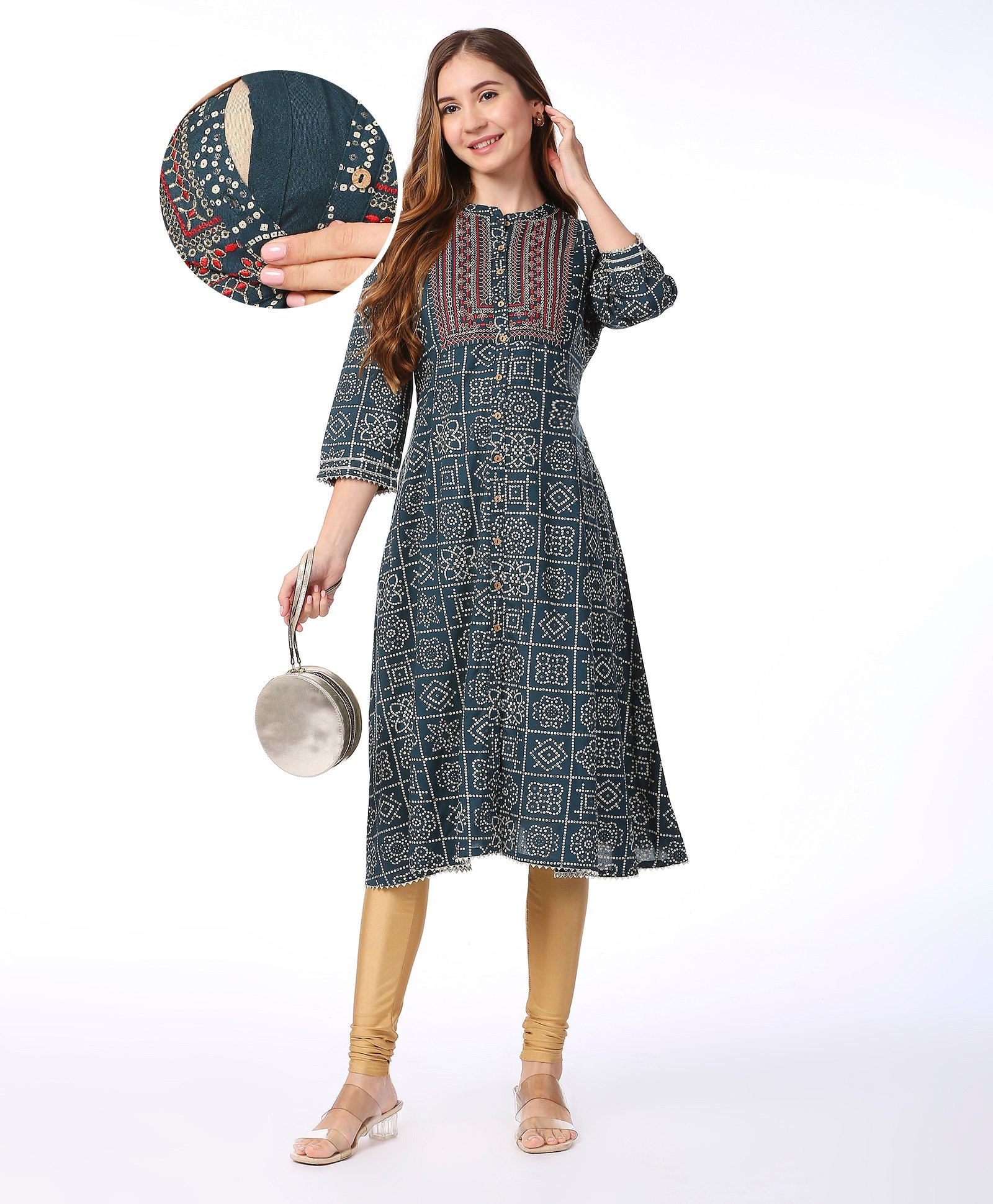 Bella Mama Woven Three Fourth Sleeves Embroidered Yoke Maternity Kurta With Pocket Ajrakh Print - Green-image-43