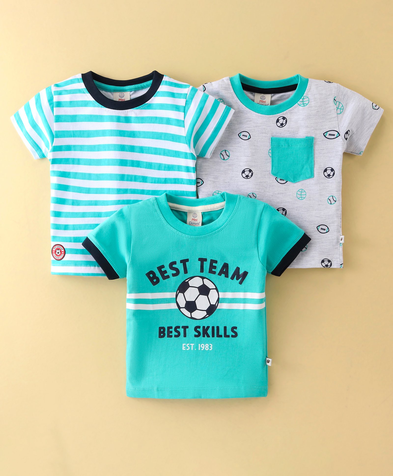 Mini Donuts Cotton Knit Half Sleeves T-Shirt Stripes & Soccer Ball Print Pack Of 3 - White & Blue-picture-23