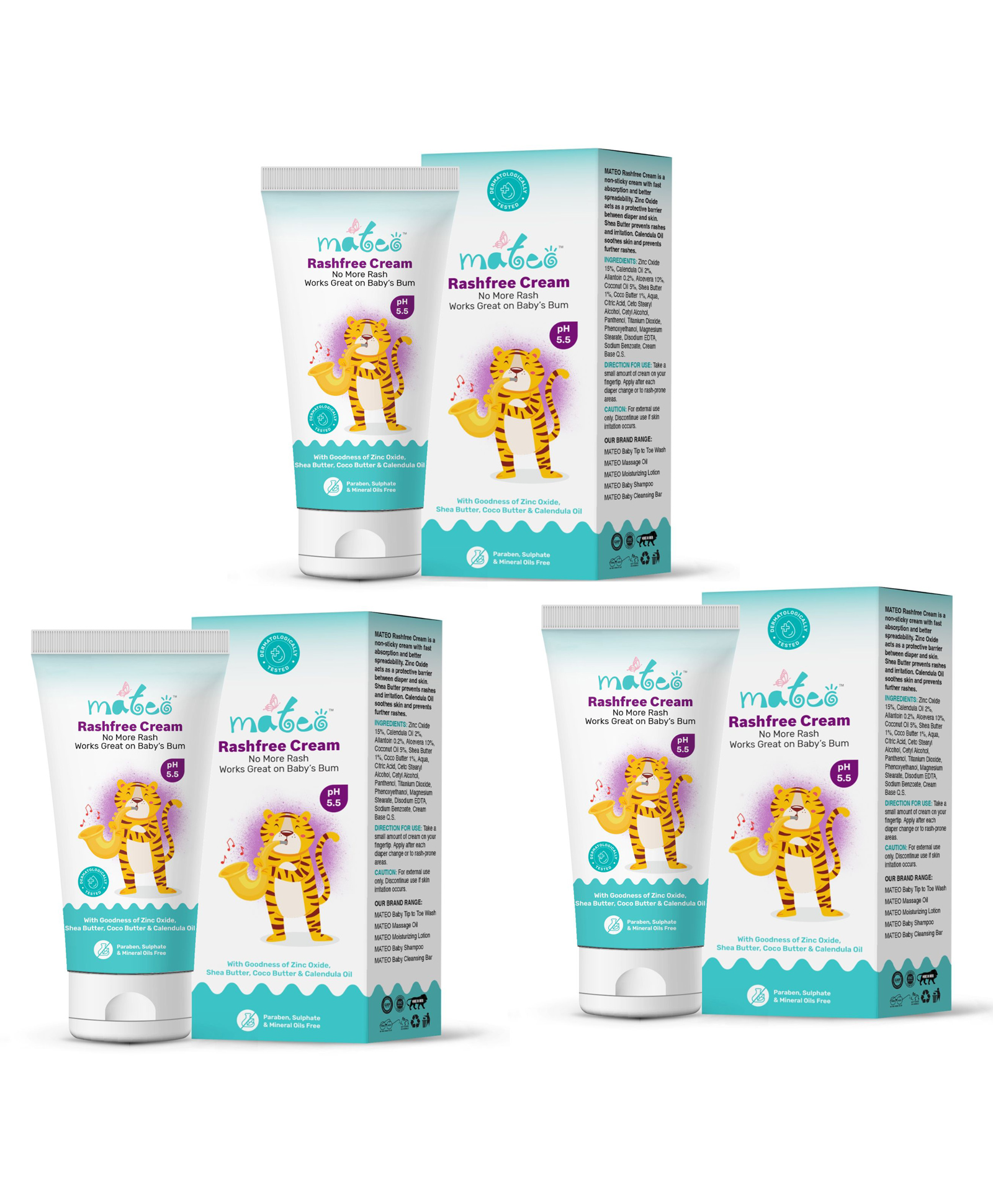 Mateo Rashfree Cream | No More Rash Works Great On Baby's Bum | Dermatologically Tested PH 5.5 | White | Diaper Rash Cream or Nappy Cream for Babies With Soothing Relief, 60g (Pack of 3)