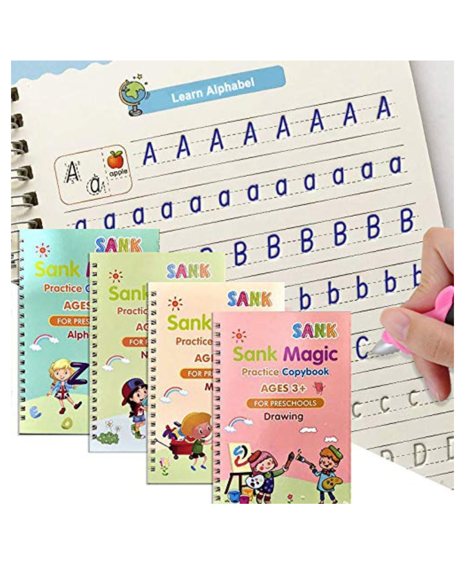 BitFeex Sank Magic Practice Copybook 4 Book with 1 Pen 10 Refills racing book for Preschoolers with Magic Pen Reusable Writing Book Spiral Bound- English-image-14
